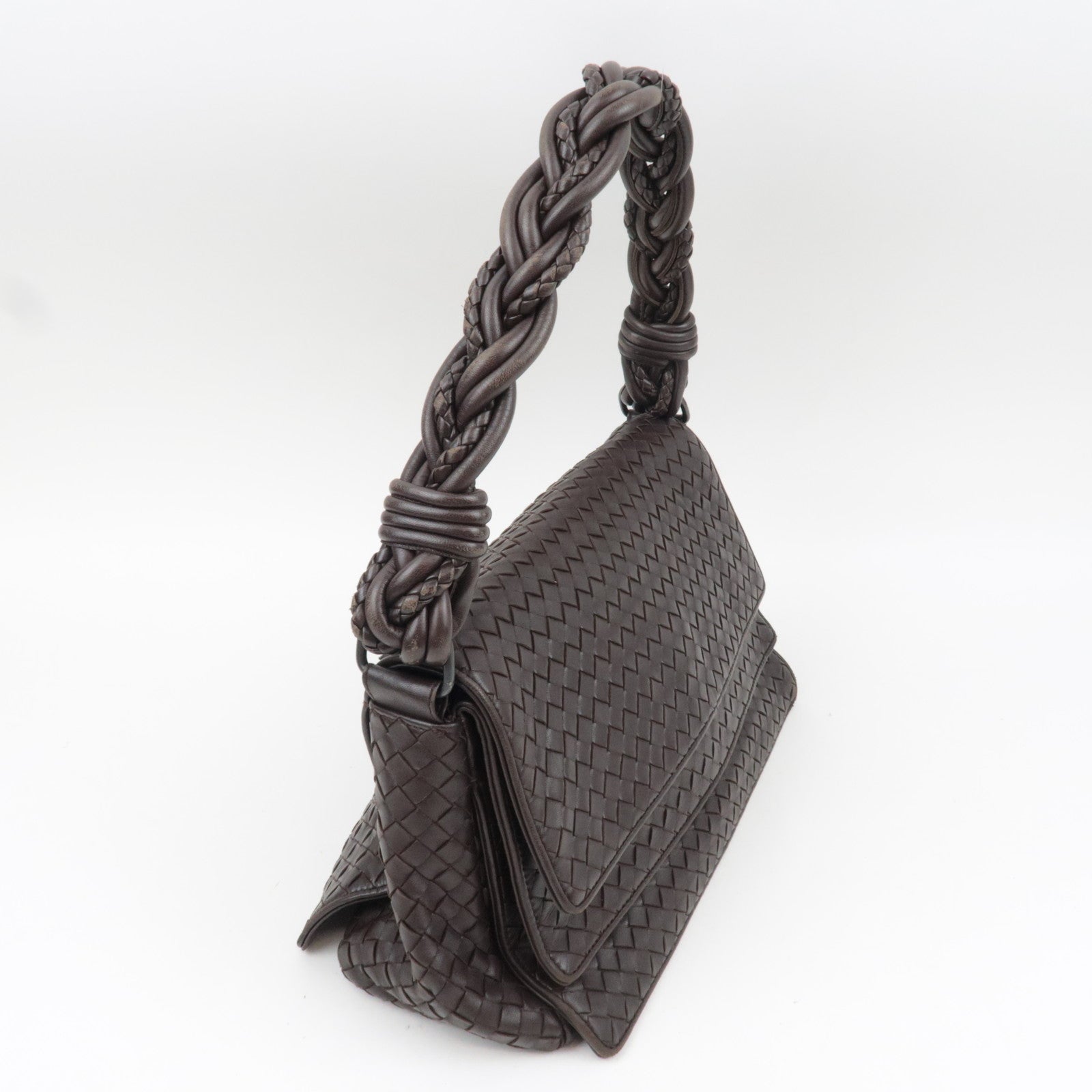 BOTTEGA VENETA Intrecciato Flap Leather Shoulder Bag Brown 145195