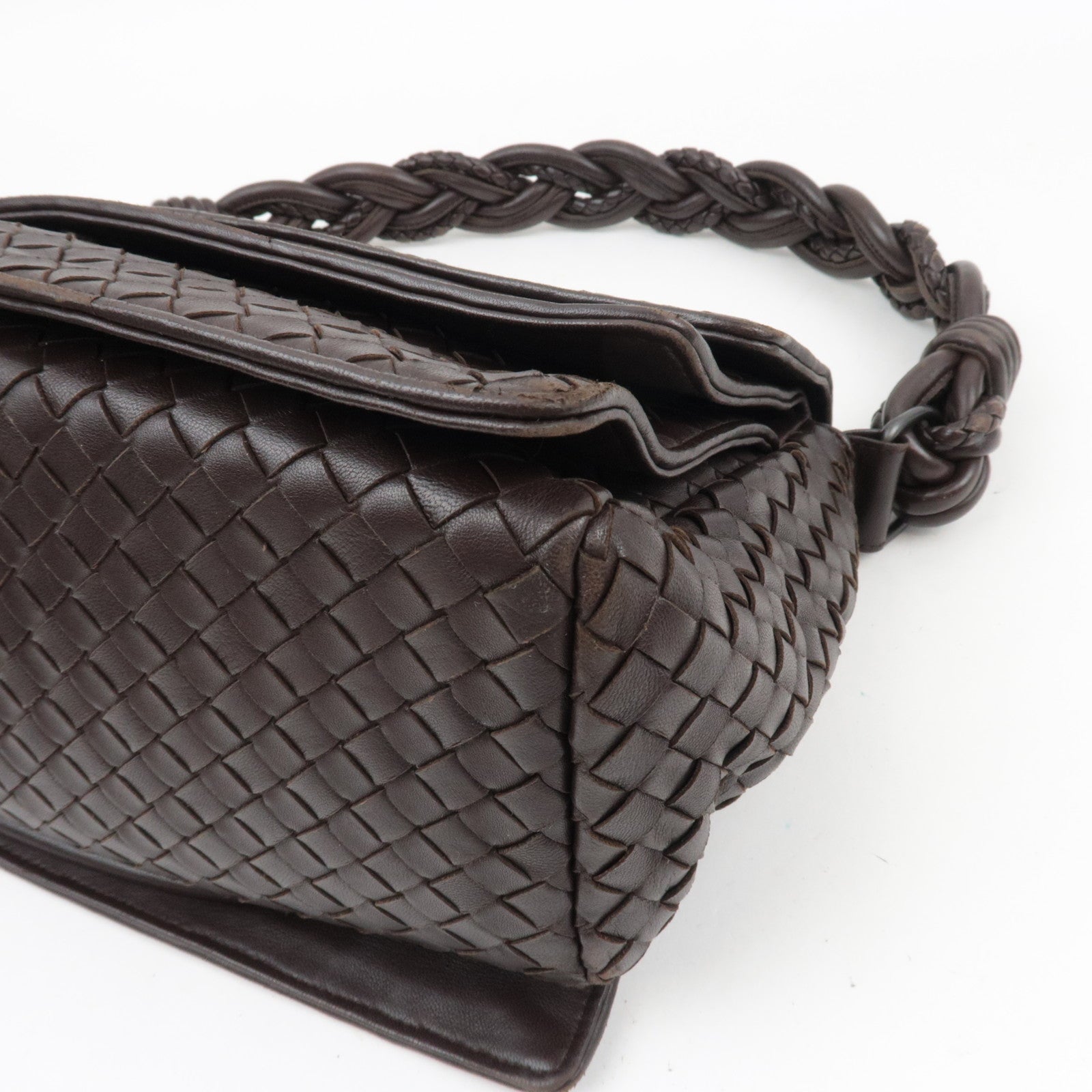 BOTTEGA VENETA Intrecciato Flap Leather Shoulder Bag Brown 145195