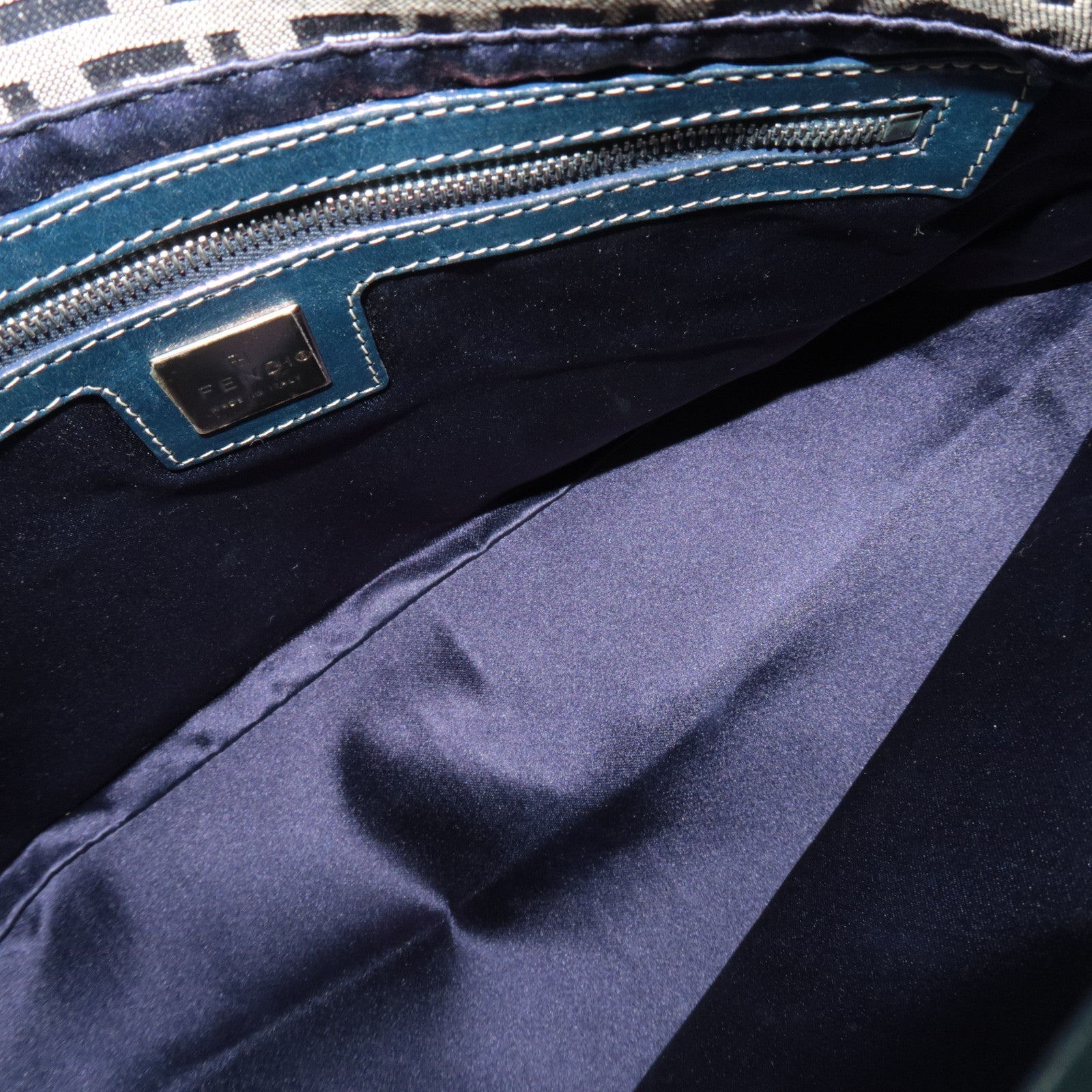 FENDI Zucchino Shoulder Bag Canvas Leather Navy 26426