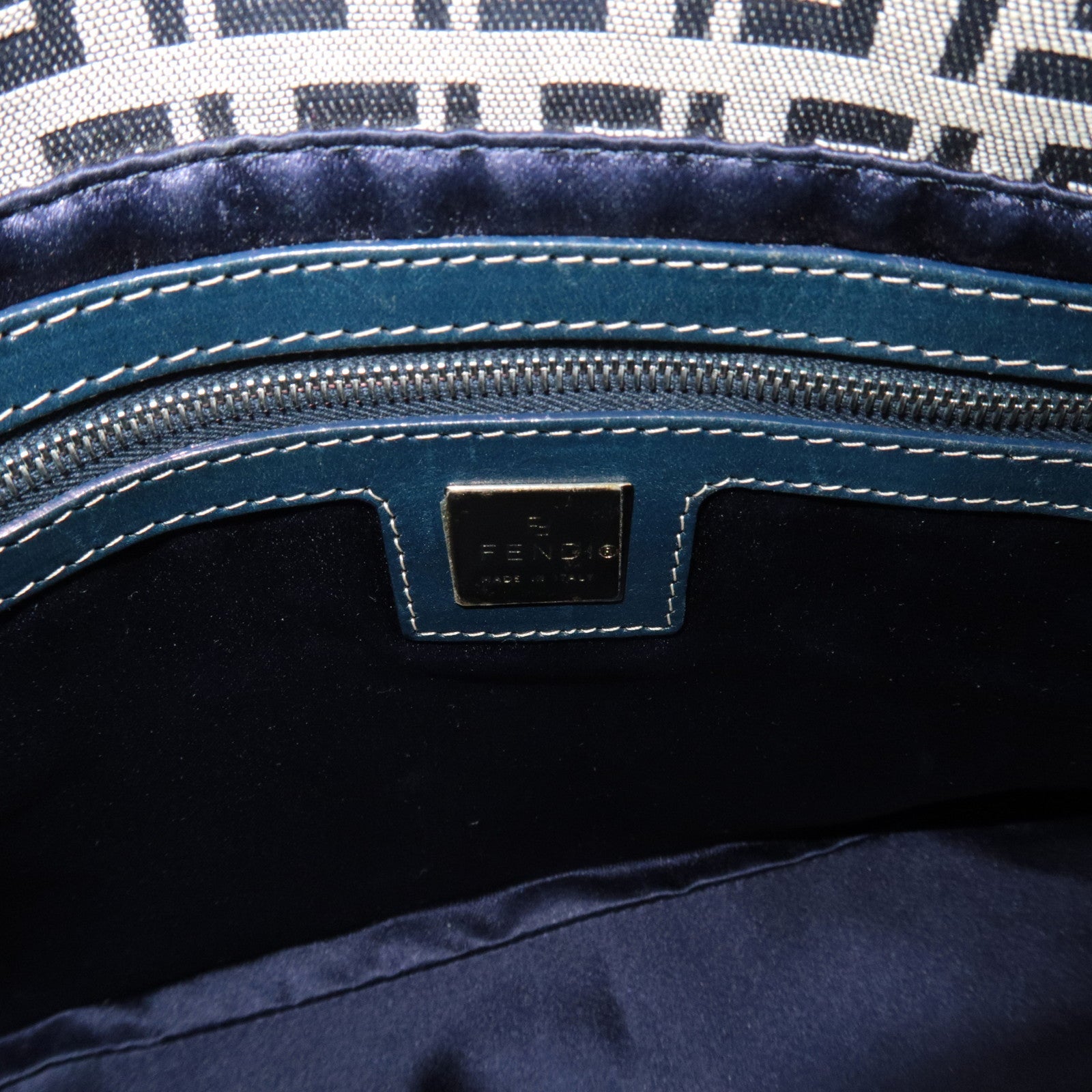 FENDI Zucchino Shoulder Bag Canvas Leather Navy 26426