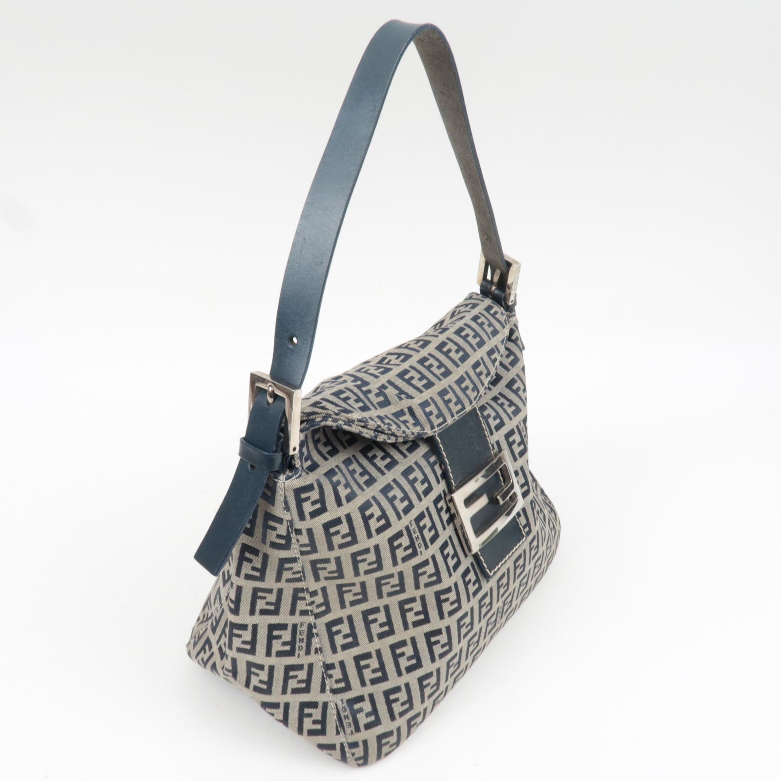 FENDI Zucchino Shoulder Bag Canvas Leather Navy 26426
