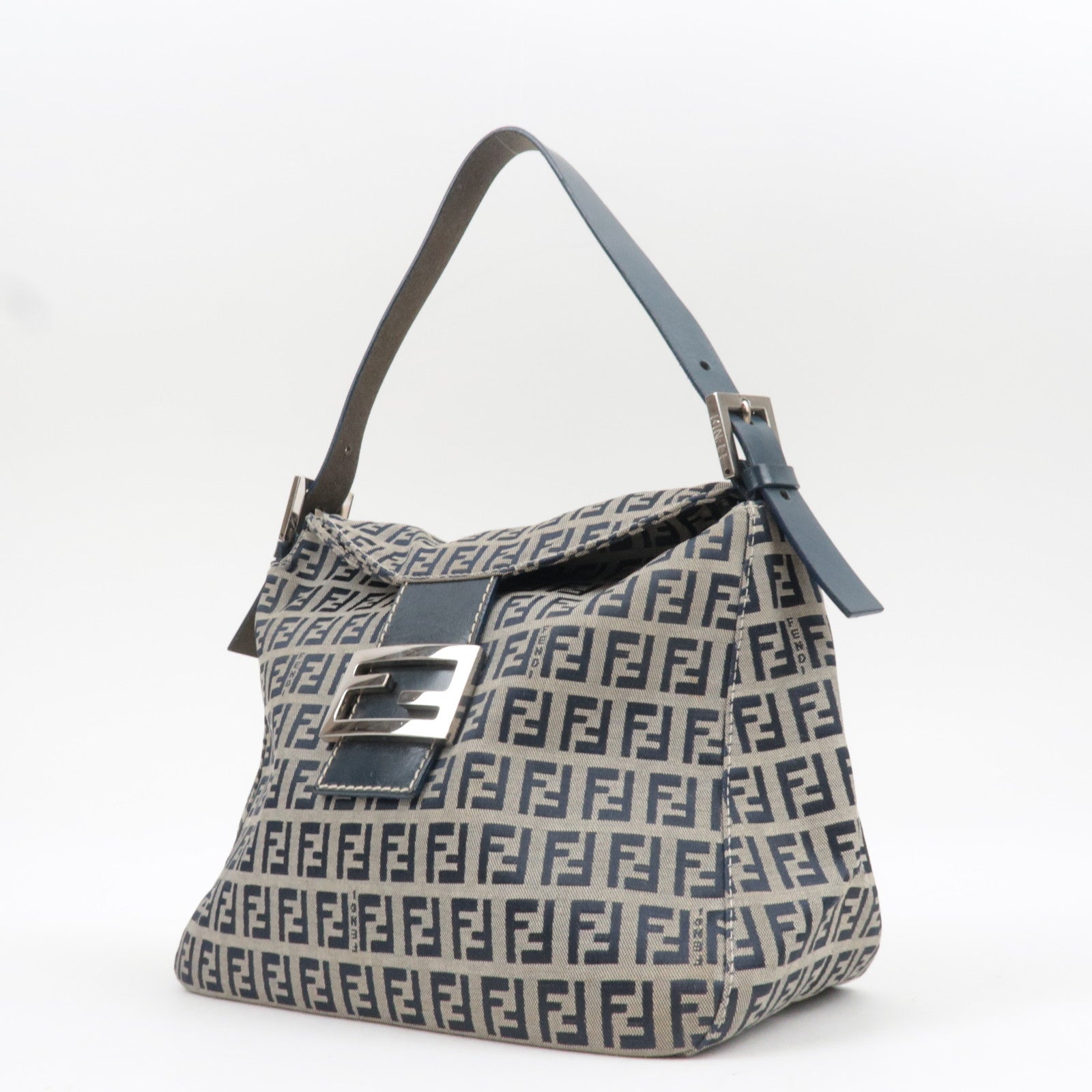 FENDI Zucchino Shoulder Bag Canvas Leather Navy 26426