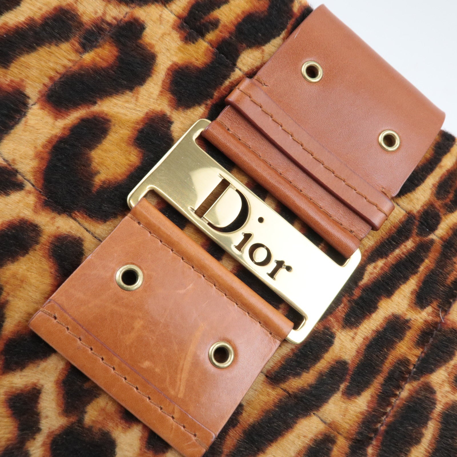 Christian Dior Pony Hoir Leopard Street Chic Shoulder Bag Leather Brown