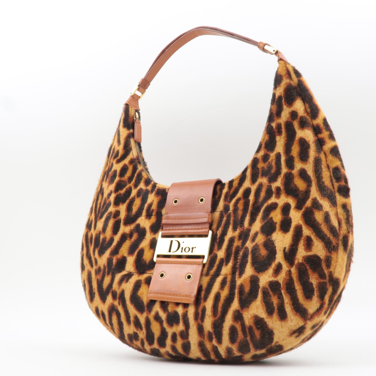 Christian Dior Pony Hoir Leopard Street Chic Shoulder Bag Leather Brown