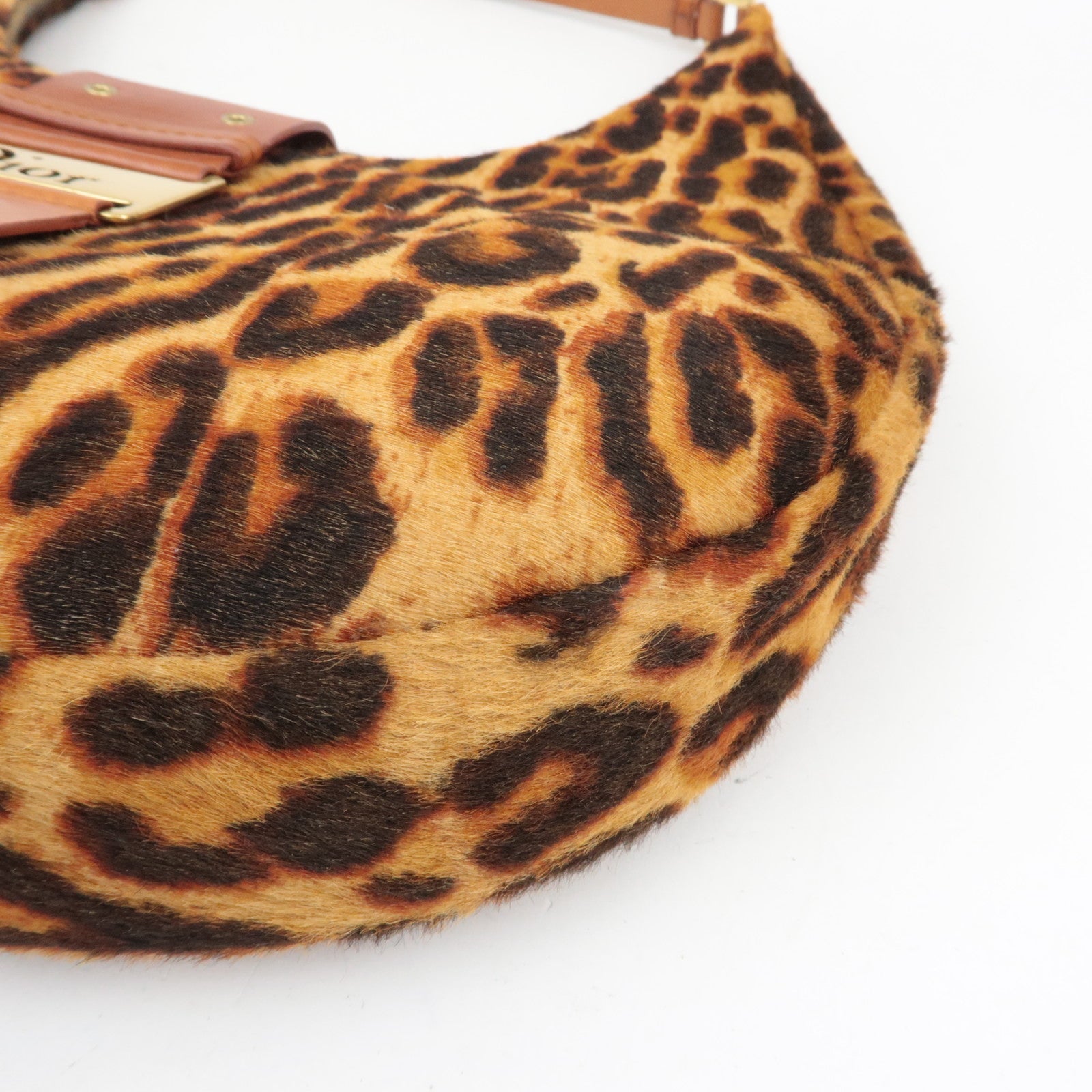 Christian Dior Pony Hoir Leopard Street Chic Shoulder Bag Leather Brown