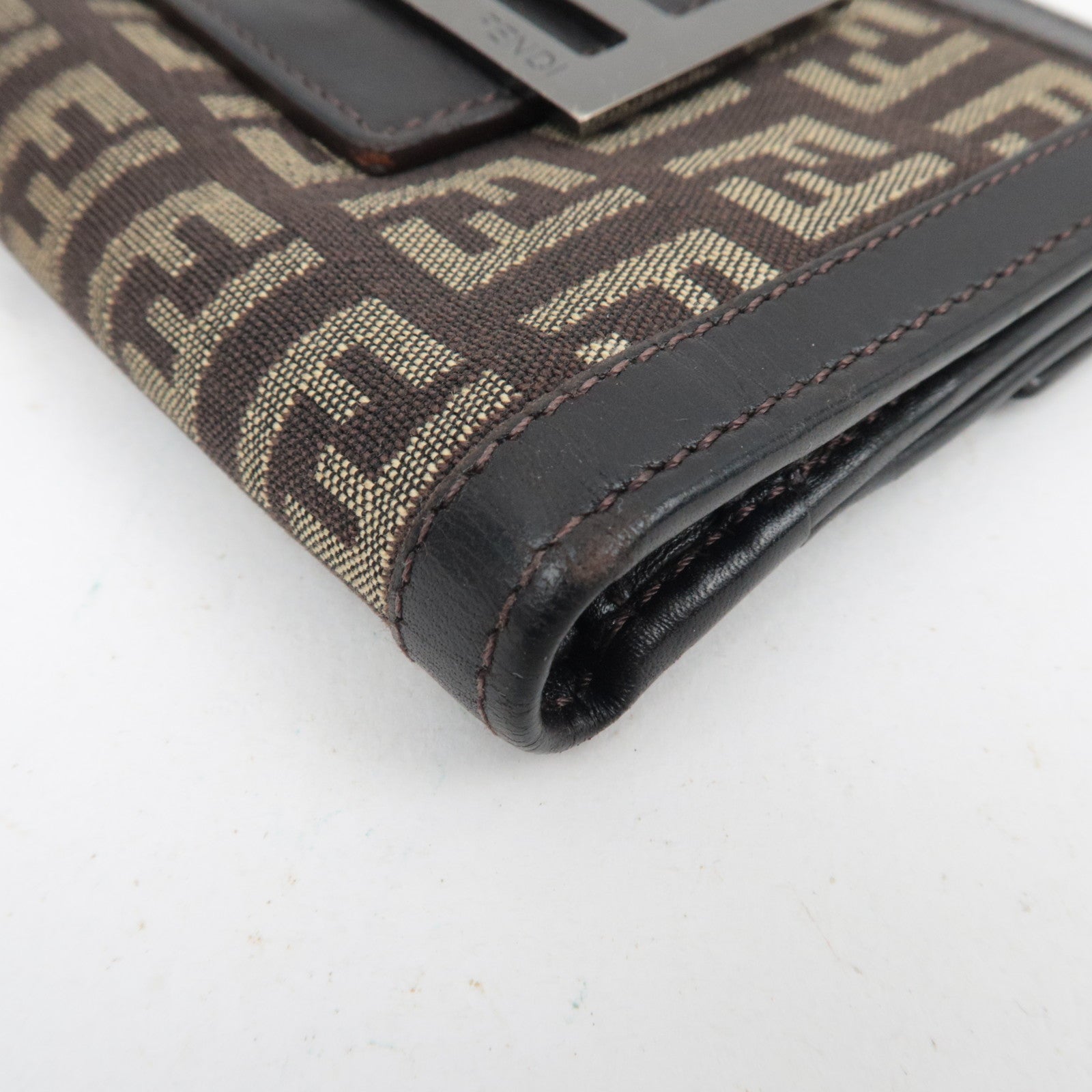 FENDI Zucchino Canvas Leather Double Hook Wallet Brown Beige 8M0035