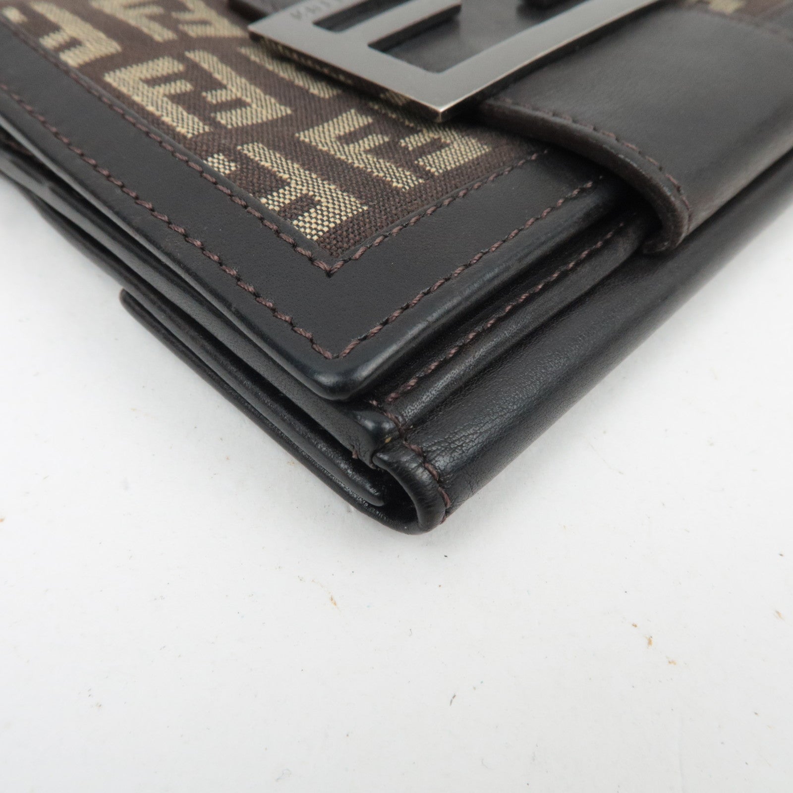 FENDI Zucchino Canvas Leather Double Hook Wallet Brown Beige 8M0035