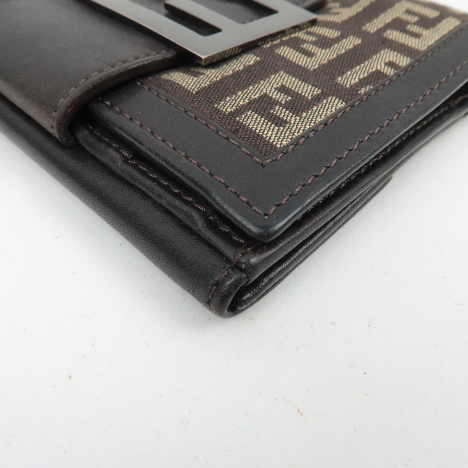 FENDI Zucchino Canvas Leather Double Hook Wallet Brown Beige 8M0035