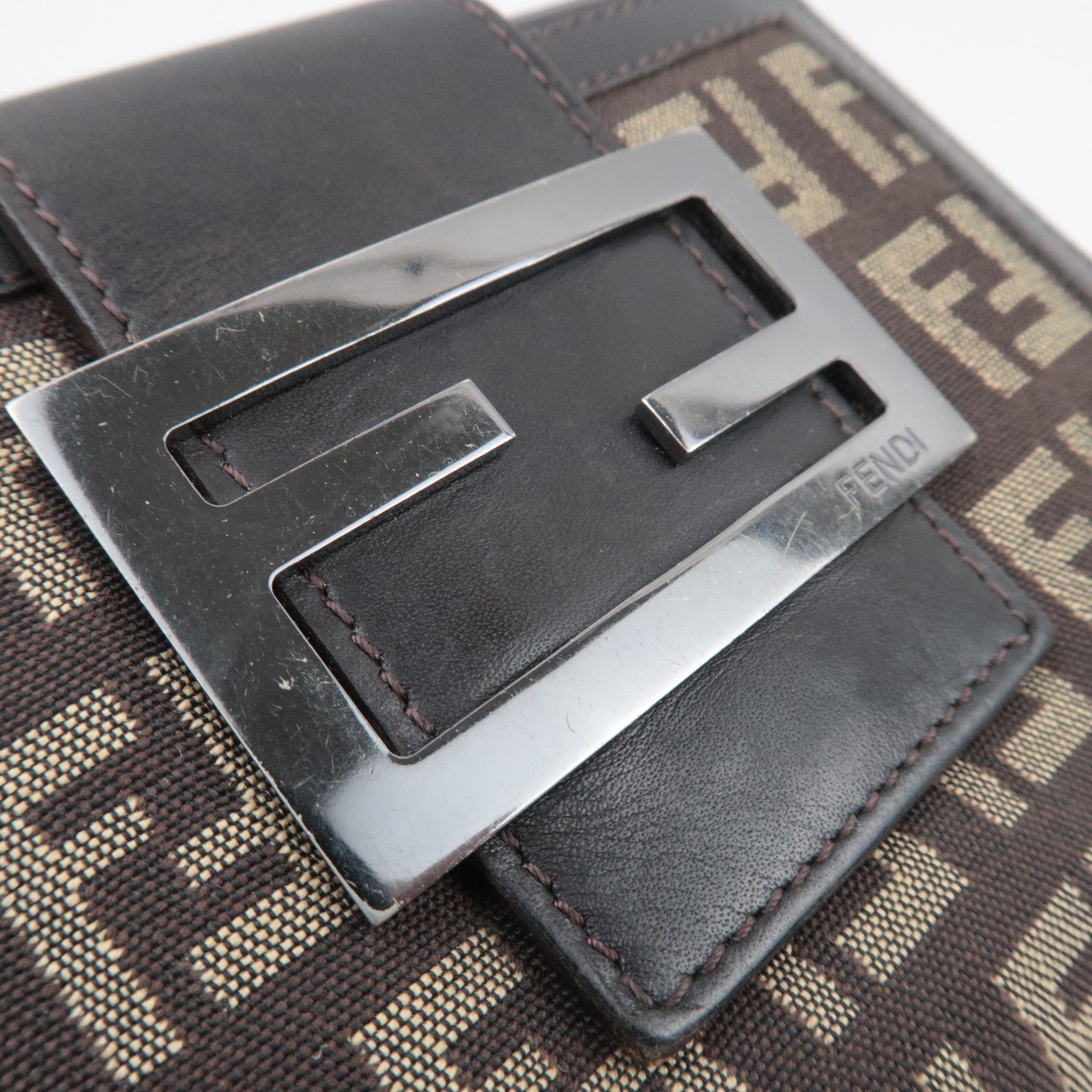 FENDI Zucchino Canvas Leather Double Hook Wallet Brown Beige 8M0035