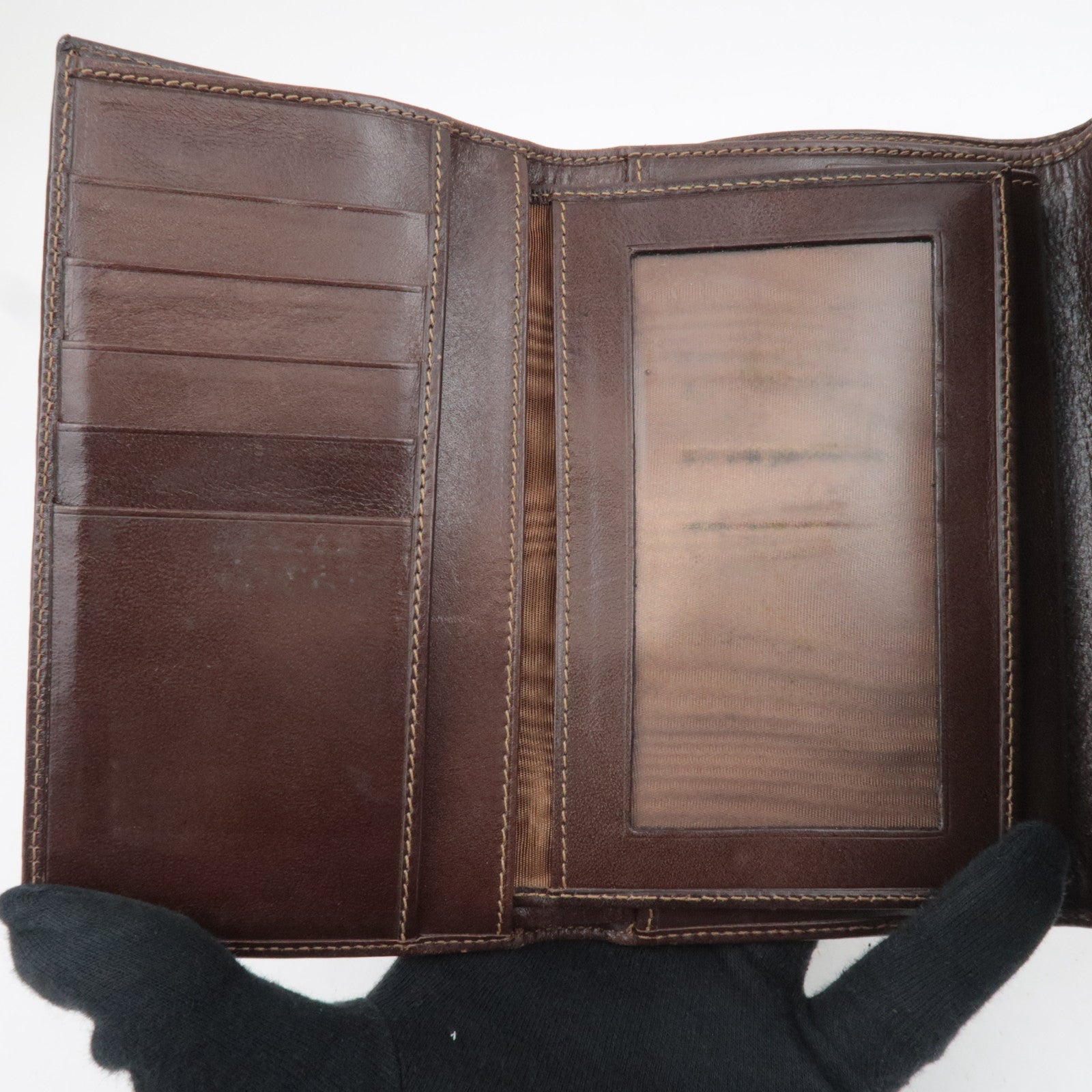 FENDI Zucca Canvas Leather Tri-Fold Wallet Brown Black 30858