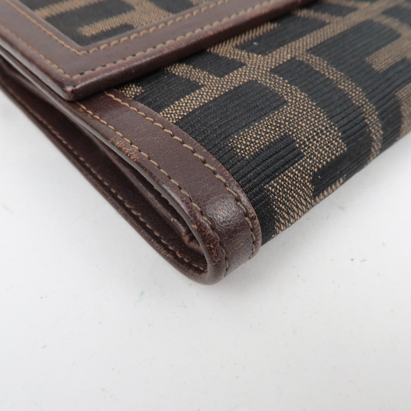 FENDI Zucca Canvas Leather Tri-Fold Wallet Brown Black 30858