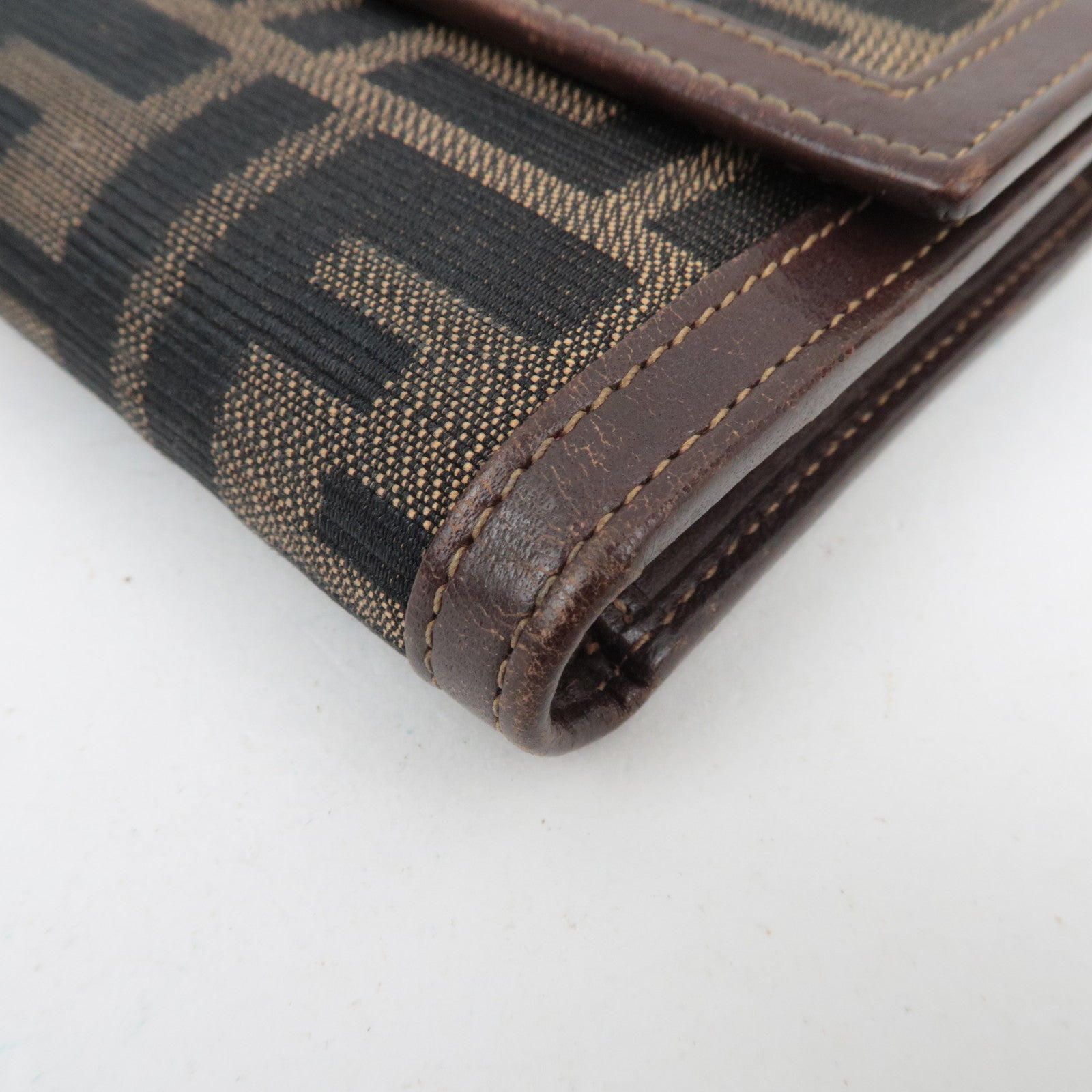 FENDI Zucca Canvas Leather Tri-Fold Wallet Brown Black 30858