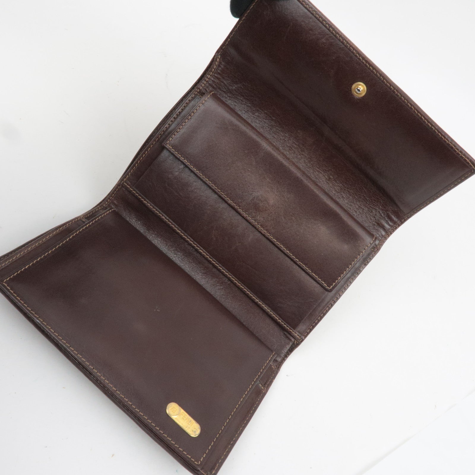 FENDI Zucca Canvas Leather Tri-Fold Wallet Brown Black 30858