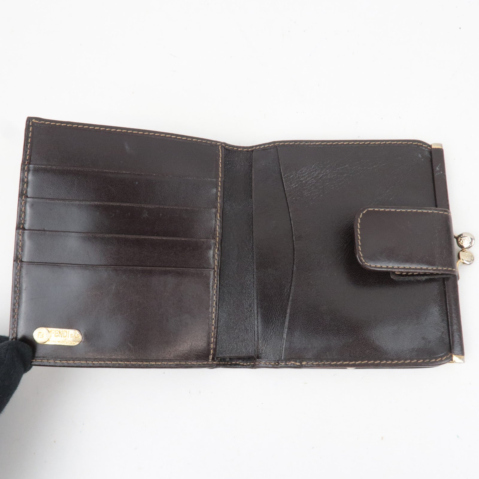 FENDI Zucca Kiss Lock Canvas Leather Bifold Wallet Brown Black 30782