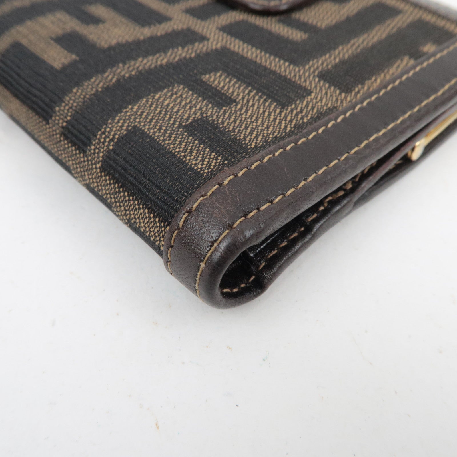 FENDI Zucca Kiss Lock Canvas Leather Bifold Wallet Brown Black 30782