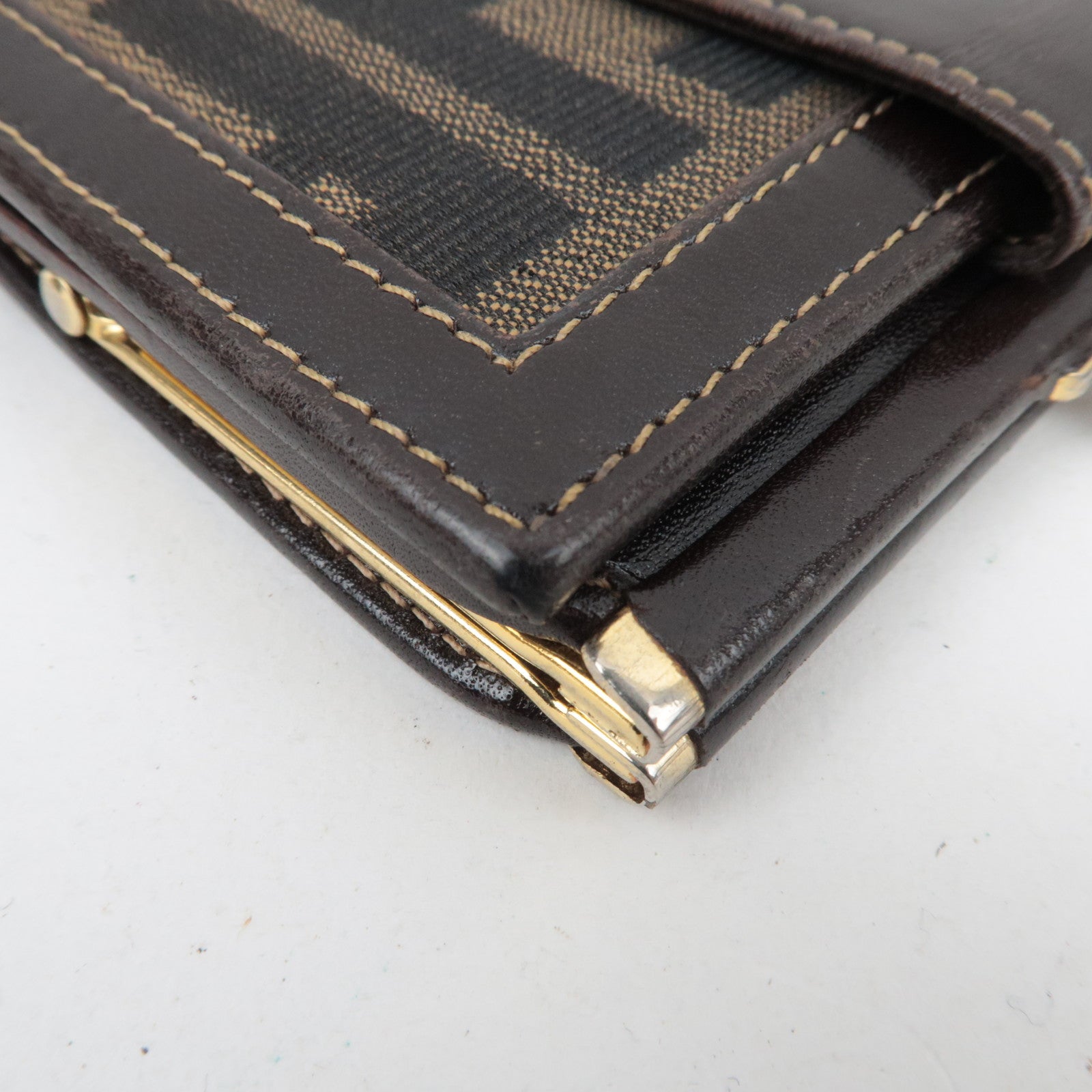 FENDI Zucca Kiss Lock Canvas Leather Bifold Wallet Brown Black 30782
