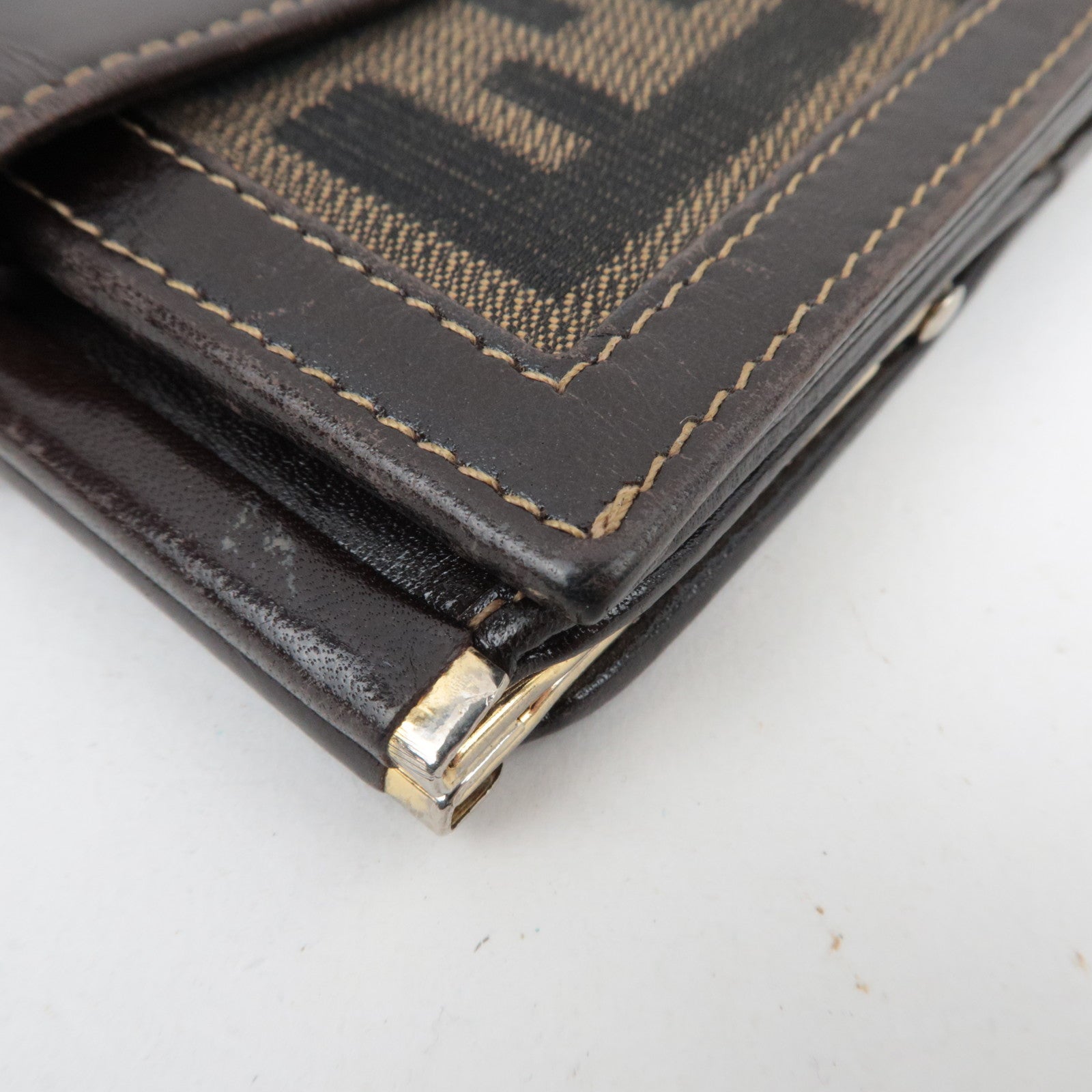 FENDI Zucca Kiss Lock Canvas Leather Bifold Wallet Brown Black 30782