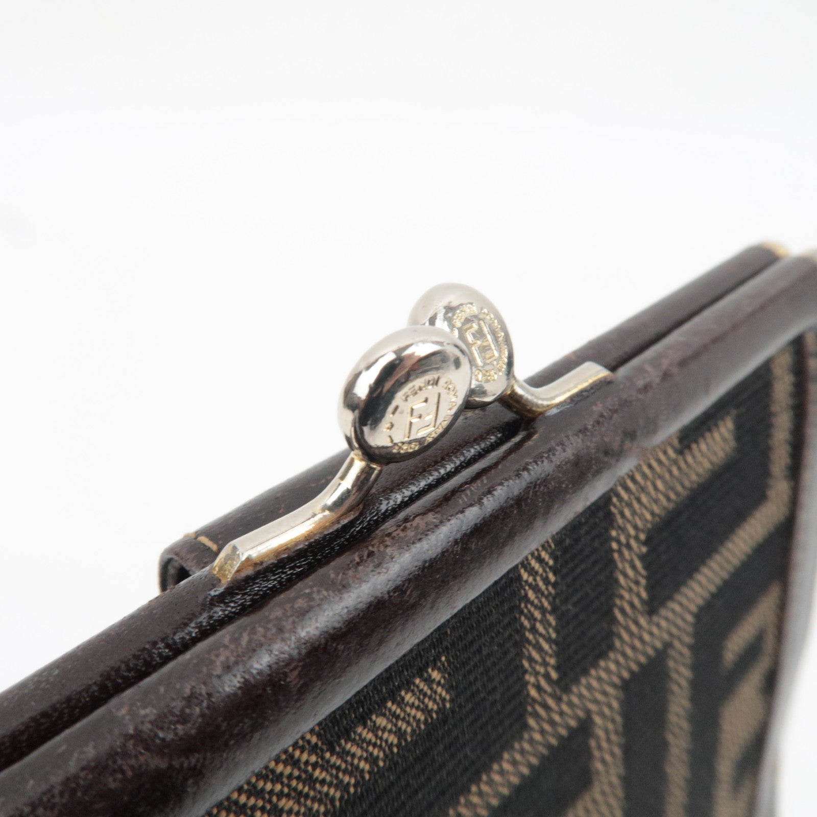 FENDI Zucca Kiss Lock Canvas Leather Bifold Wallet Brown Black 30782