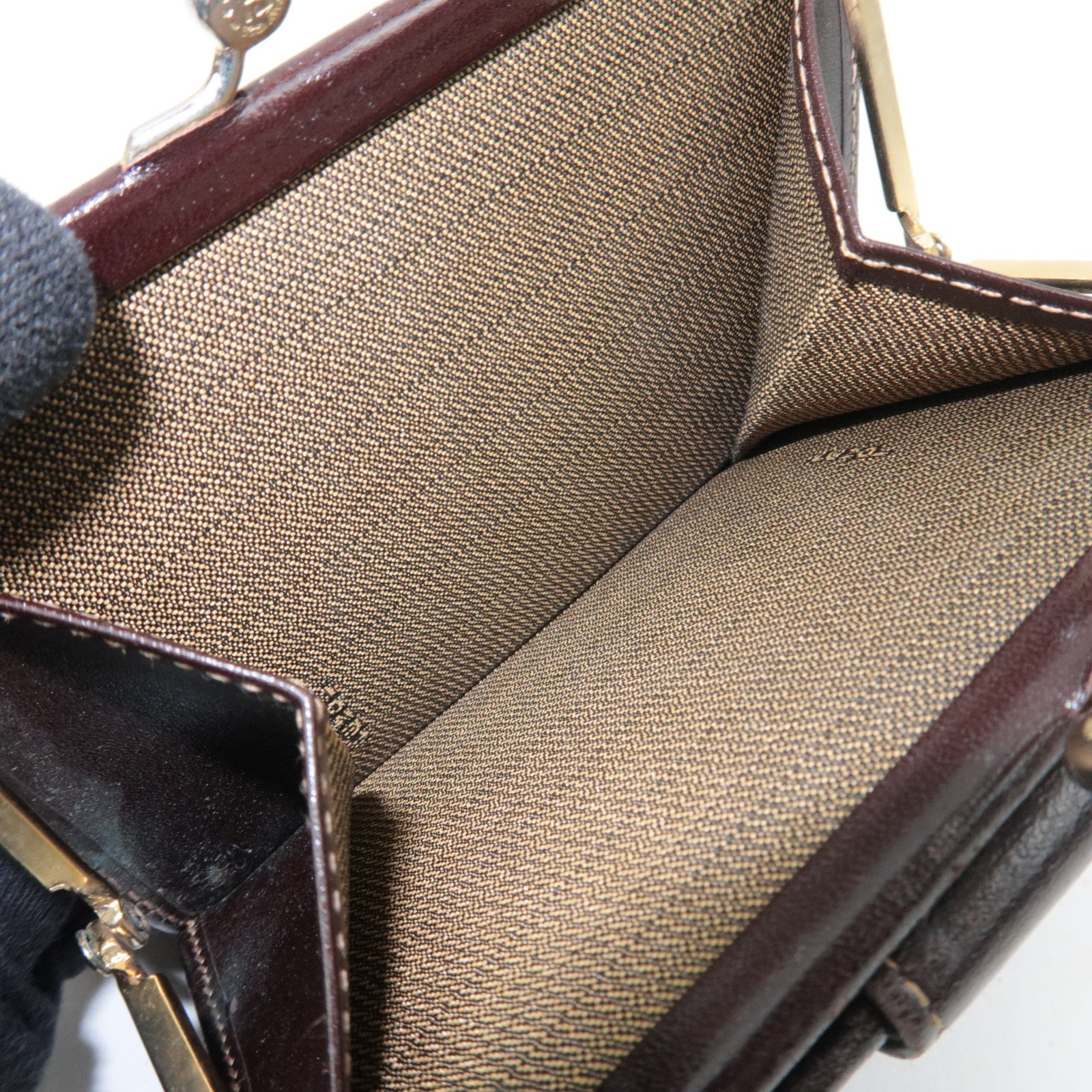 FENDI Zucca Kiss Lock Canvas Leather Bifold Wallet Brown Black 30782