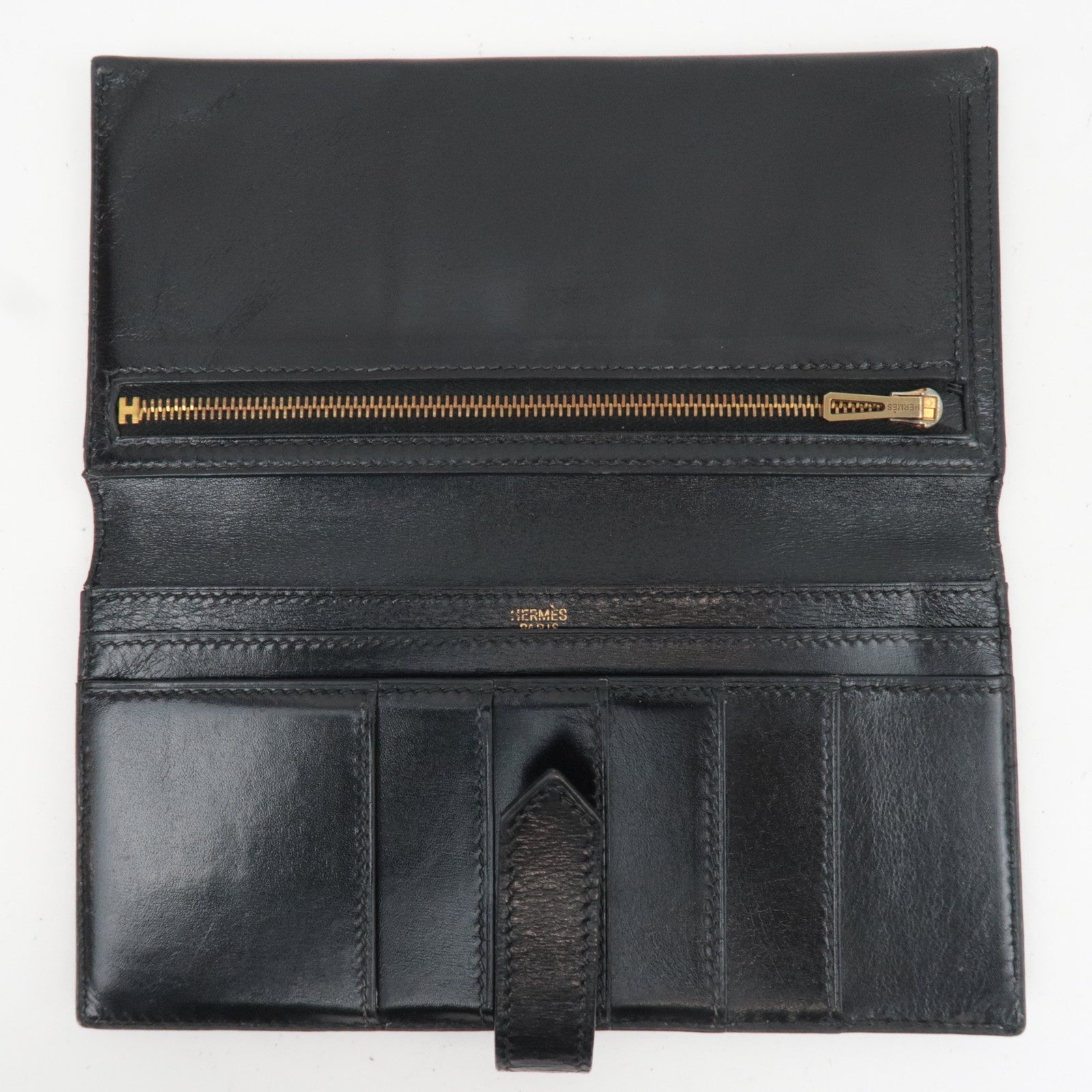 HERMES Bearn Long Wallet E Stamp (2001) Box Calf Black Gold HDW