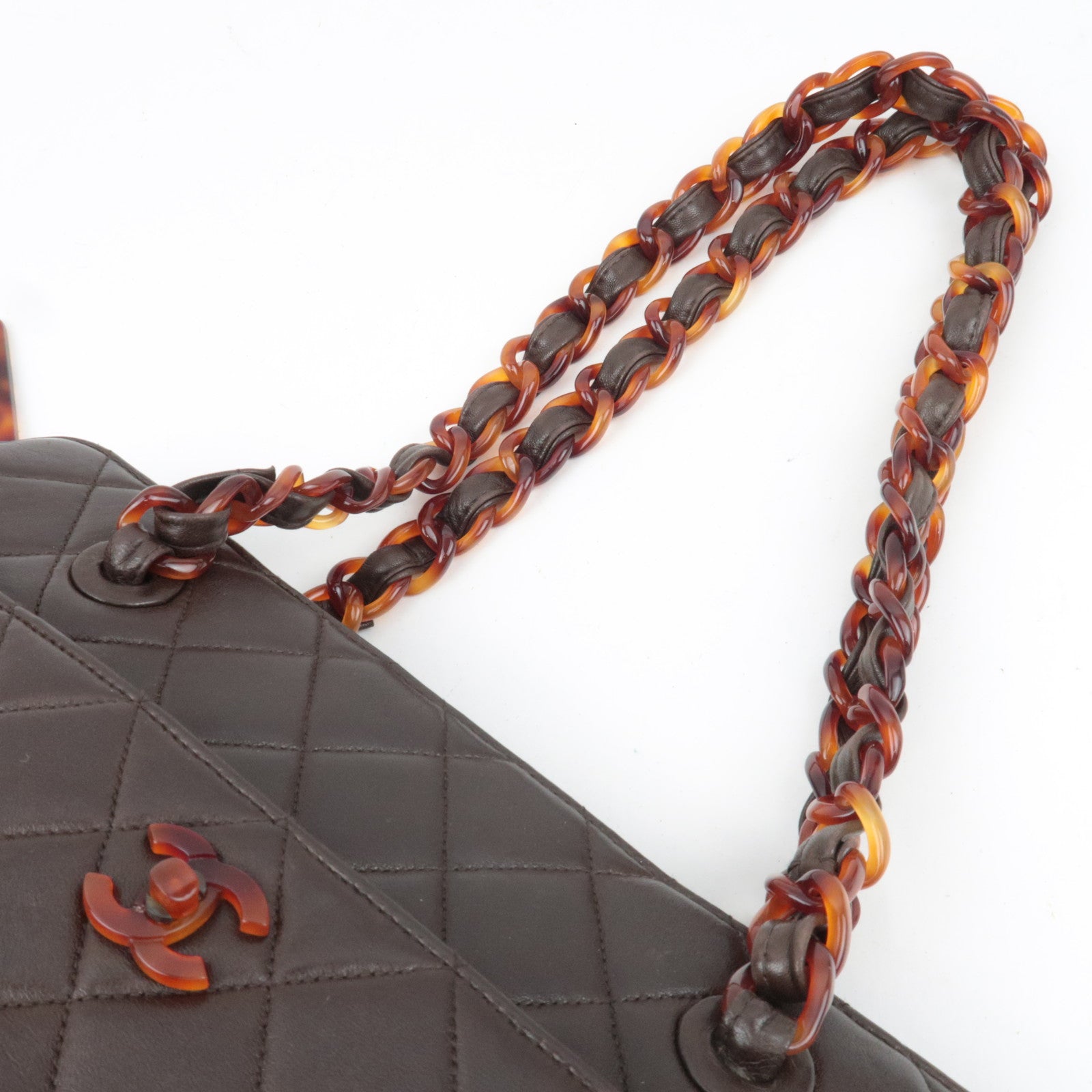 CHANEL Matelasse Tortoiseshell Plastic Chain Lambskin Tote Bag Brown 5056226