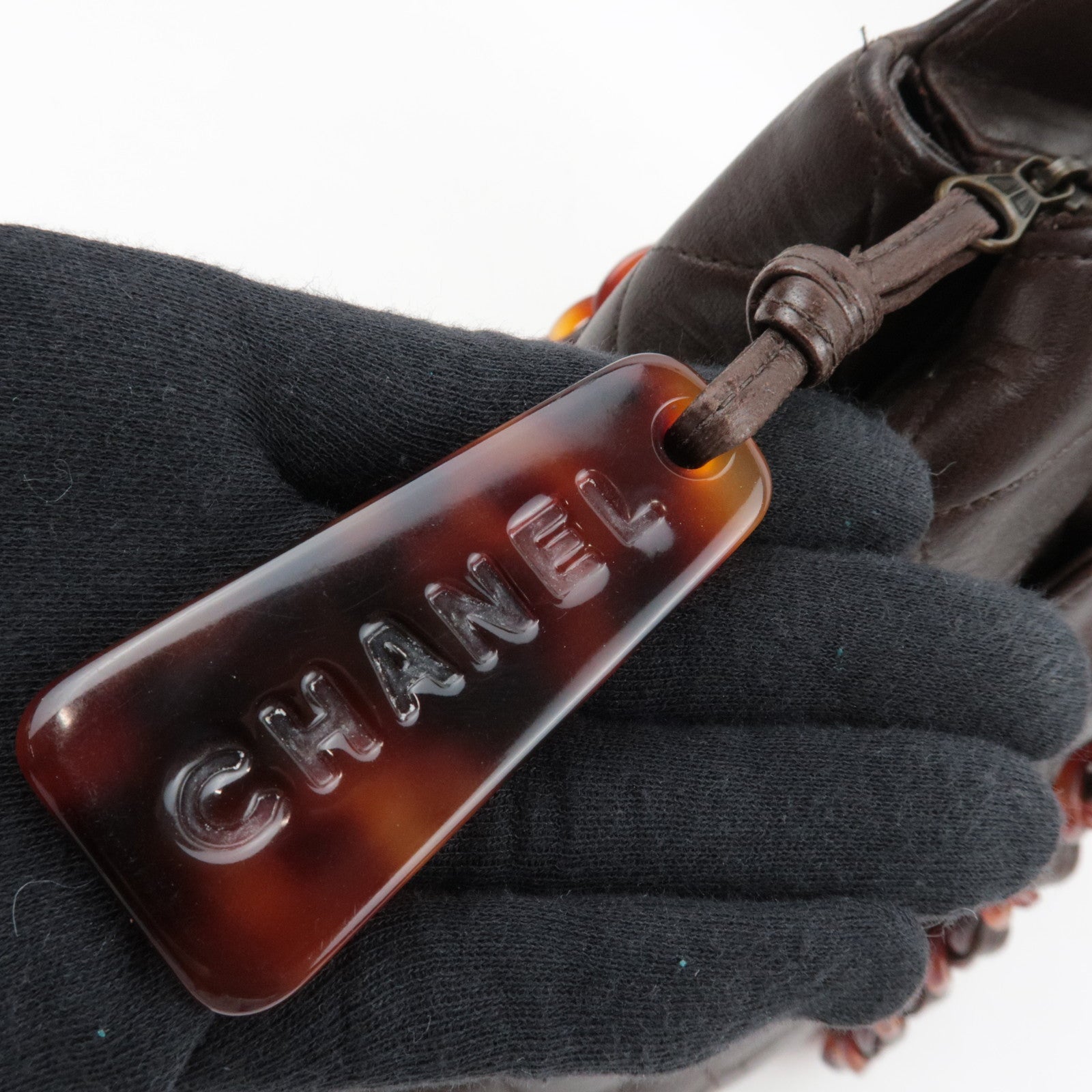 CHANEL Matelasse Tortoiseshell Plastic Chain Lambskin Tote Bag Brown 5056226