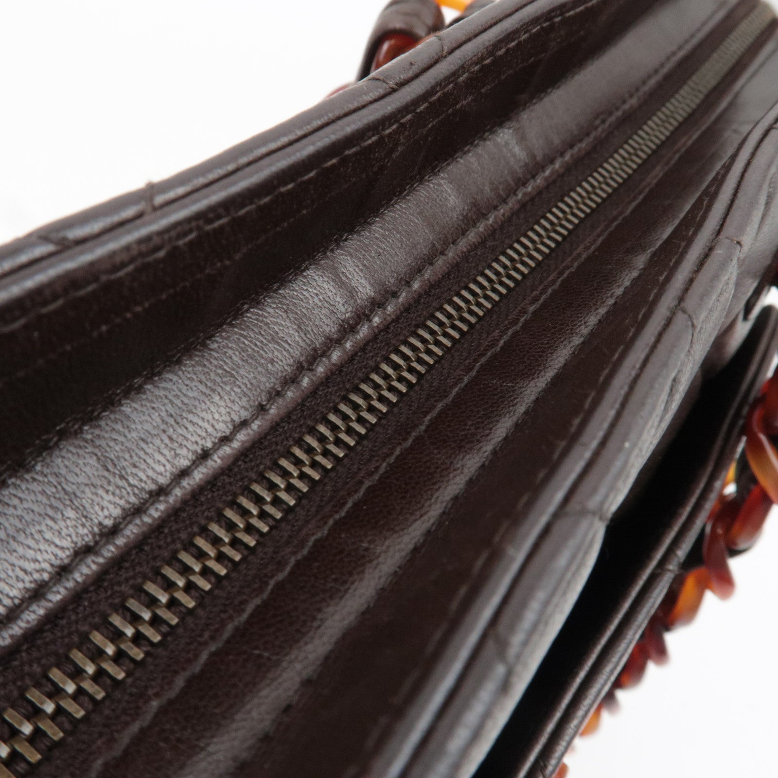 CHANEL Matelasse Tortoiseshell Plastic Chain Lambskin Tote Bag Brown 5056226