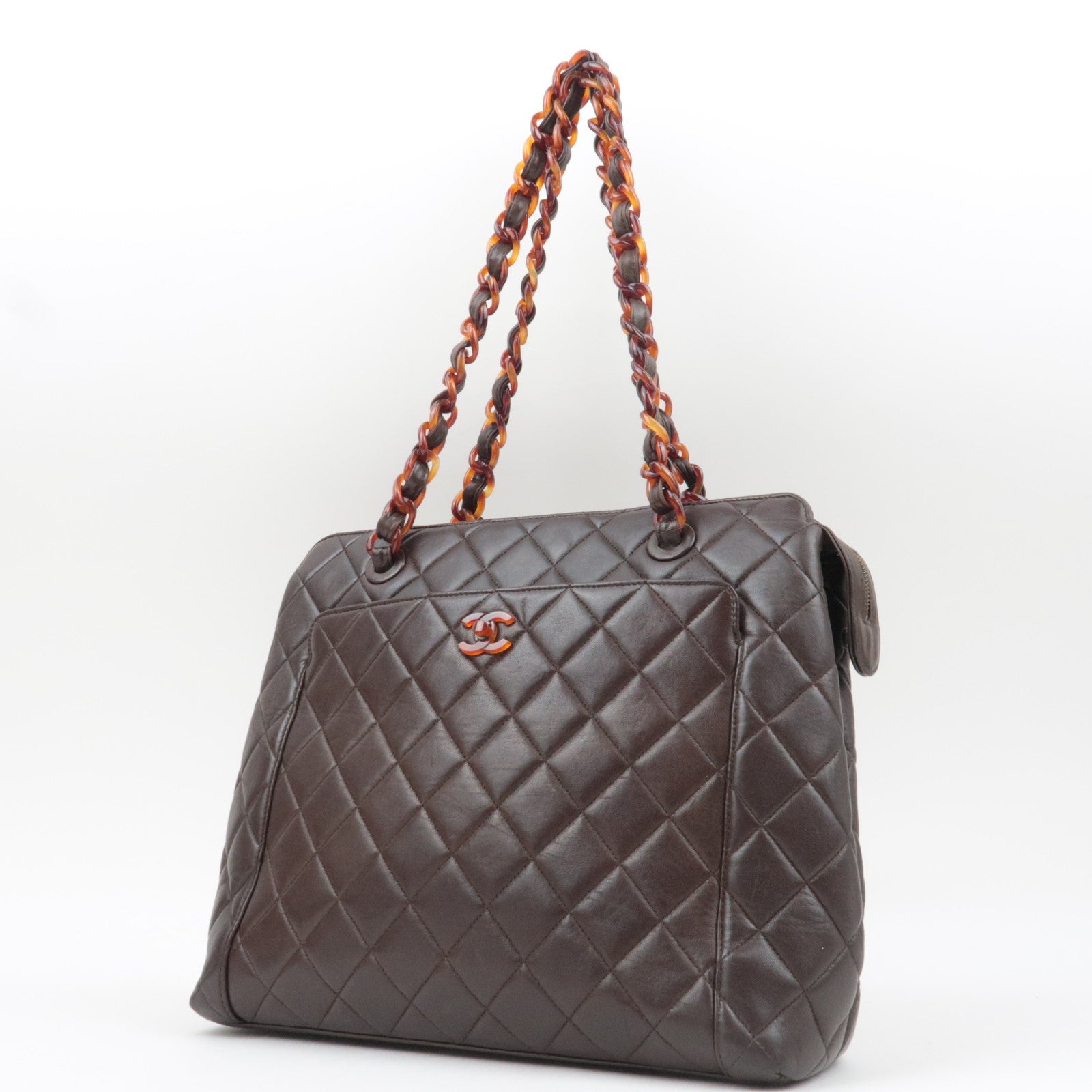 CHANEL Matelasse Tortoiseshell Plastic Chain Lambskin Tote Bag Brown 5056226