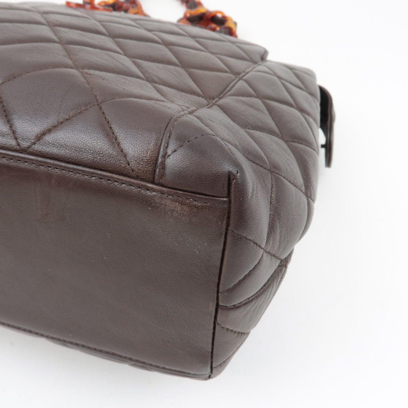 CHANEL Matelasse Tortoiseshell Plastic Chain Lambskin Tote Bag Brown 5056226