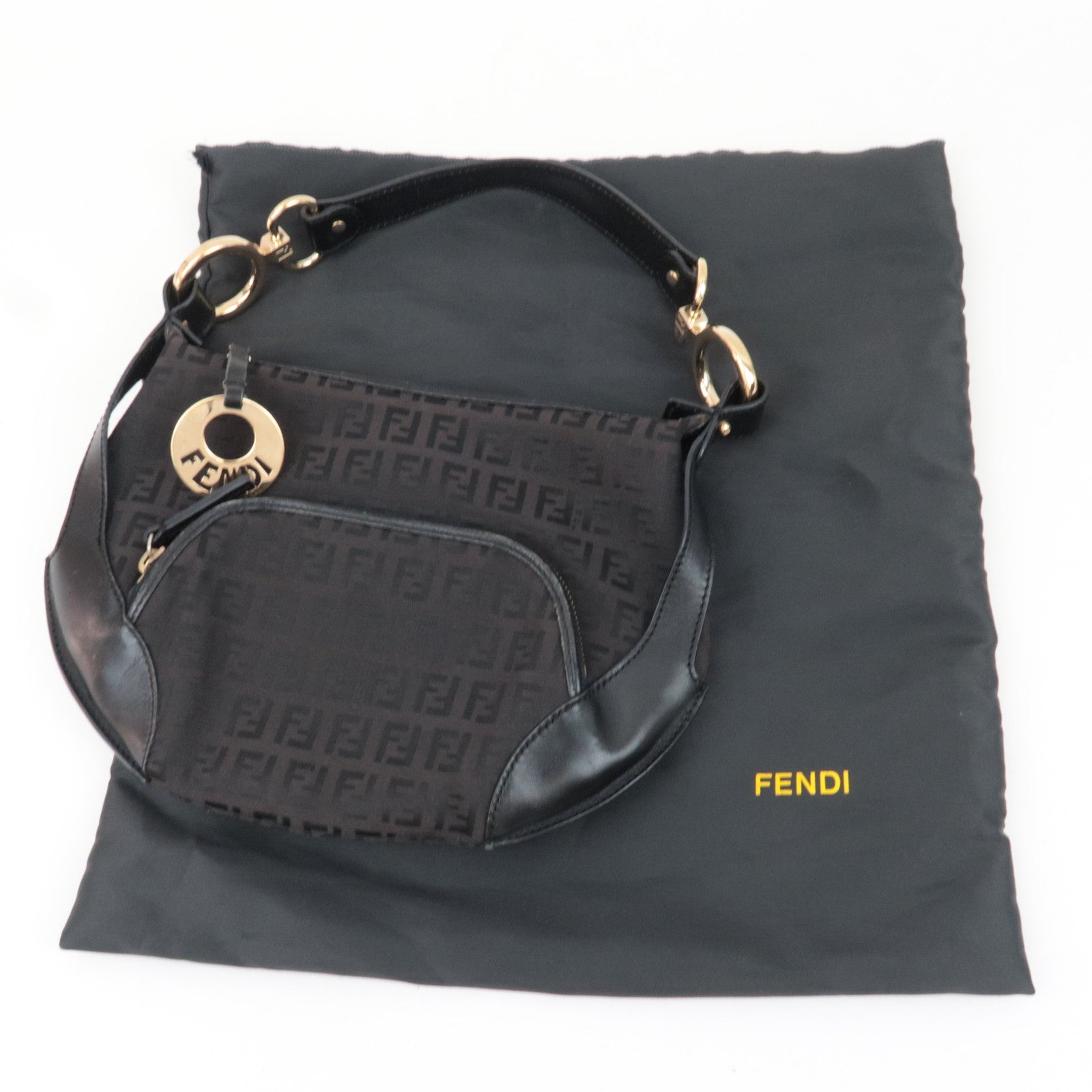 FENDI Zucchino Canvas Leather Shoulder Bag Black 8BR466 *Dust bag