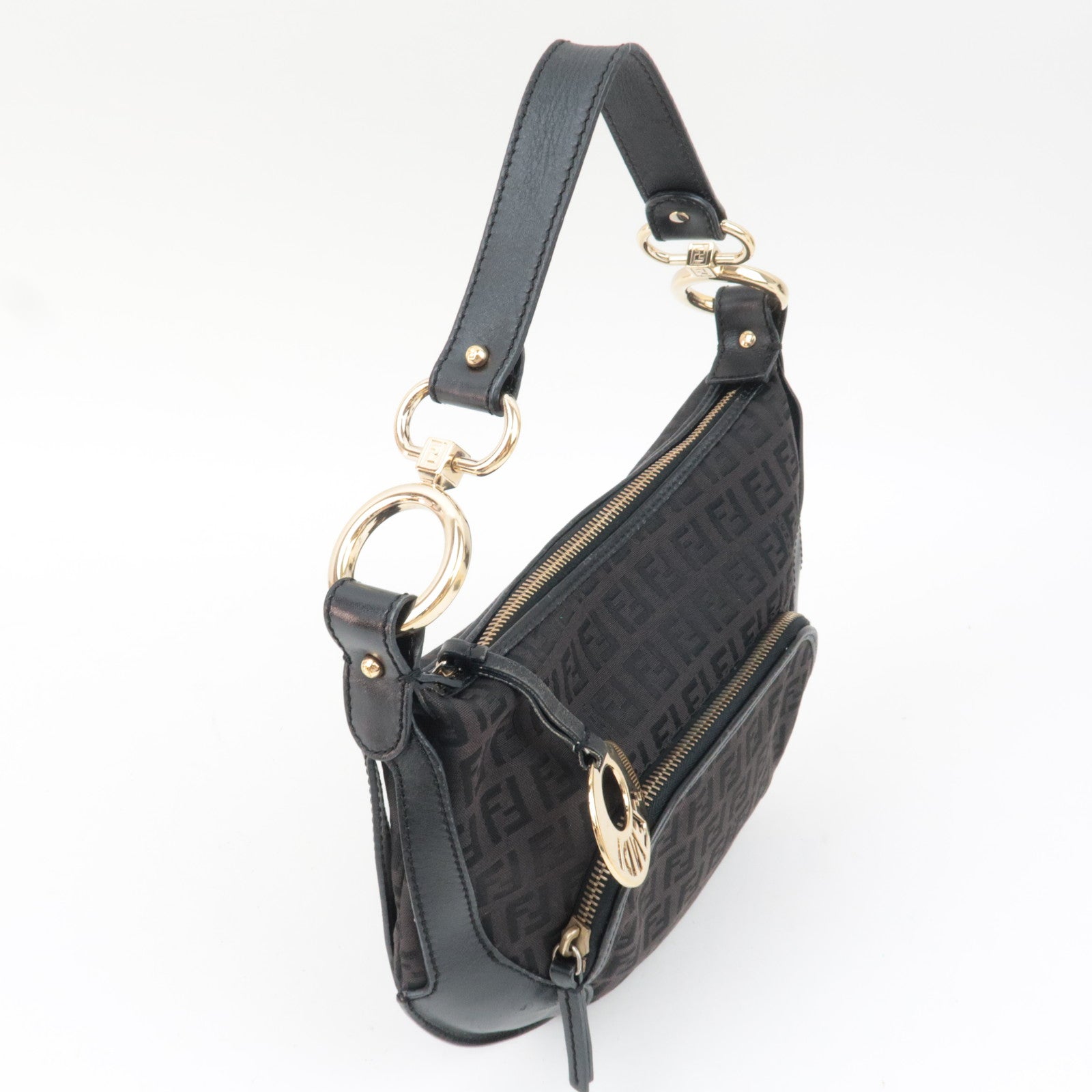 FENDI Zucchino Canvas Leather Shoulder Bag Black 8BR466 *Dust bag