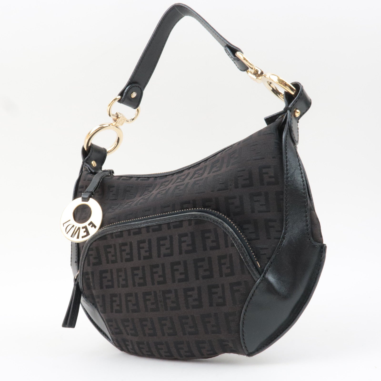 FENDI Zucchino Canvas Leather Shoulder Bag Black 8BR466 *Dust bag