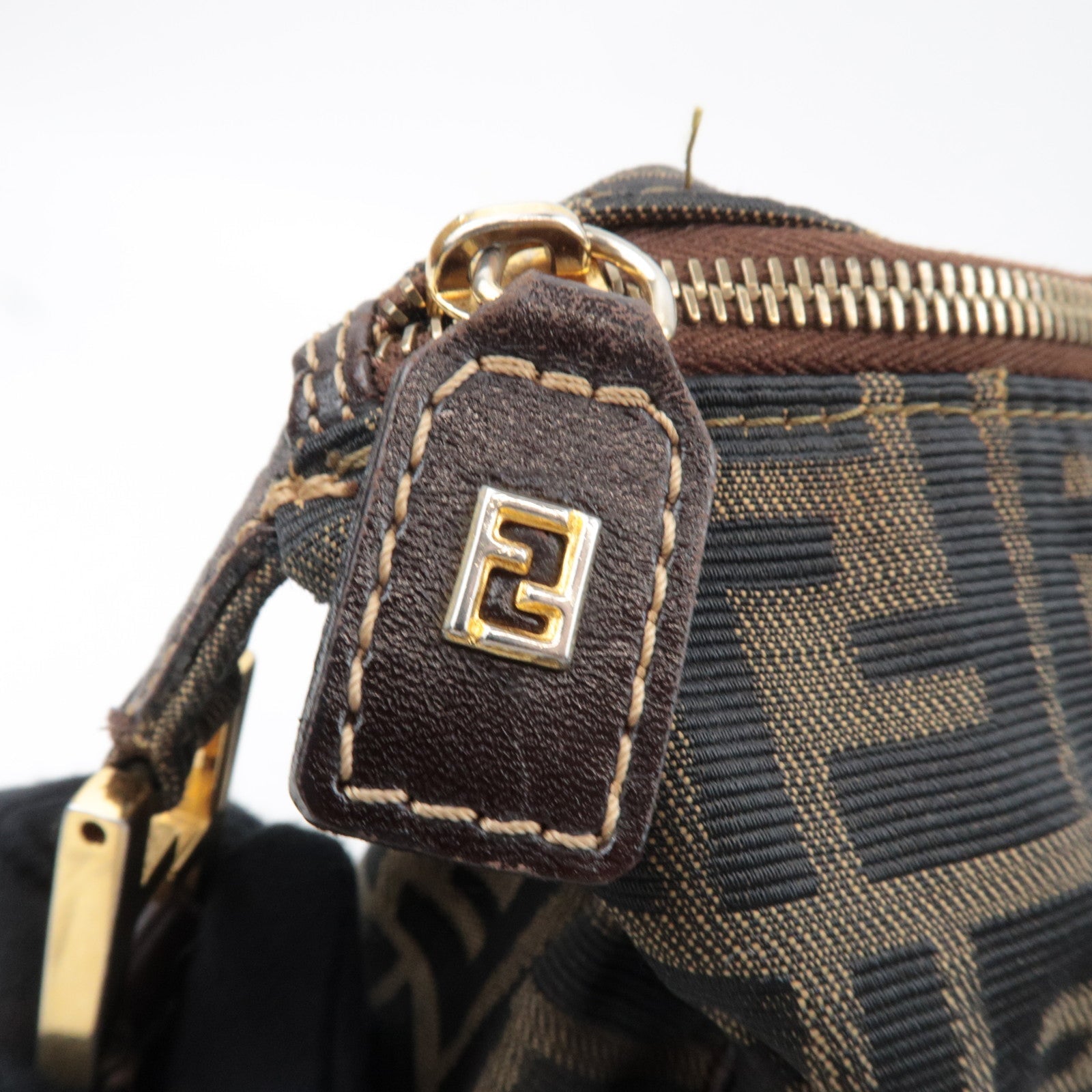 FENDI Zucca Canvas Leather Shoulder Bag Khaki Brown Black