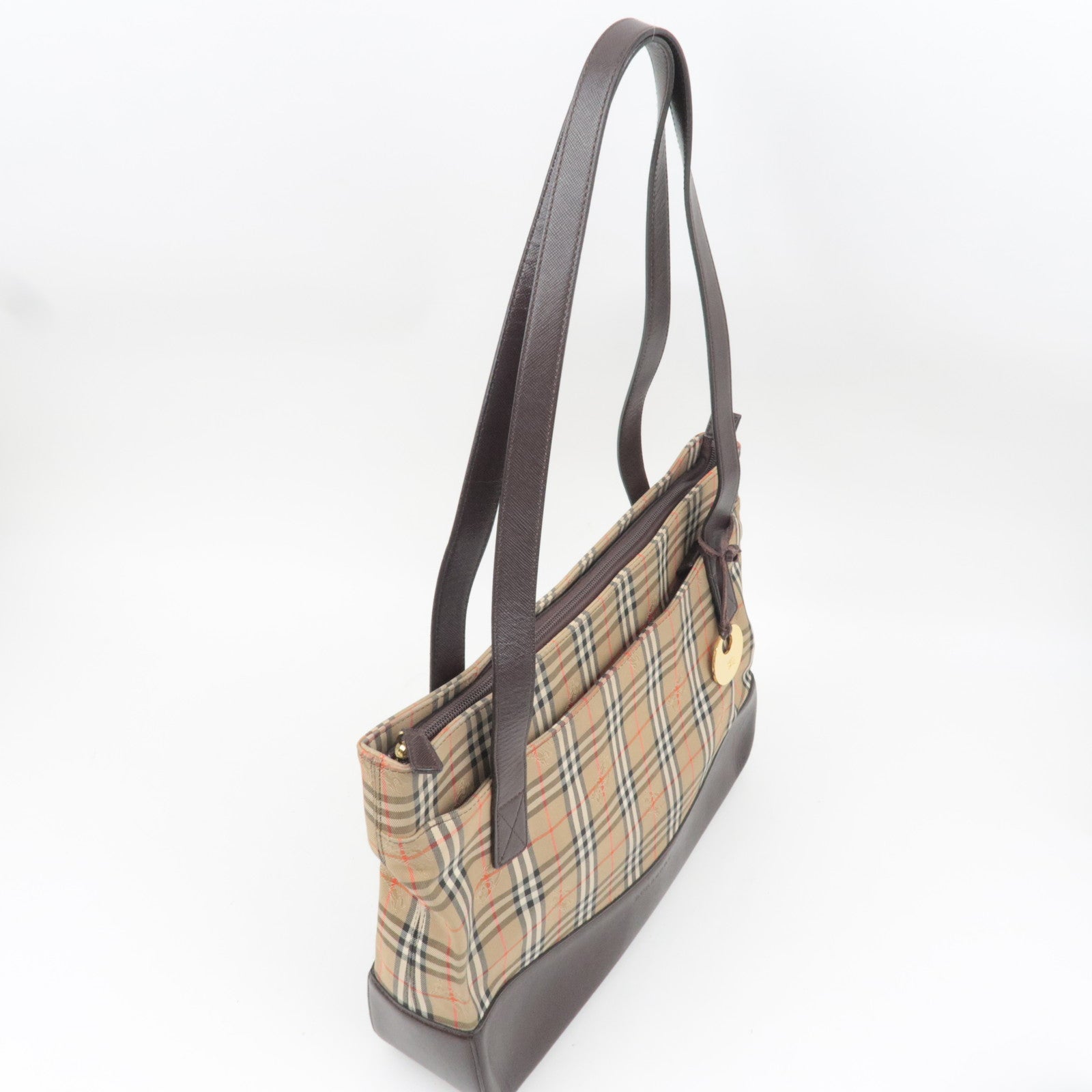BURBERRY Nova Plaid Canvas Leather Tote Bag Beige Brown