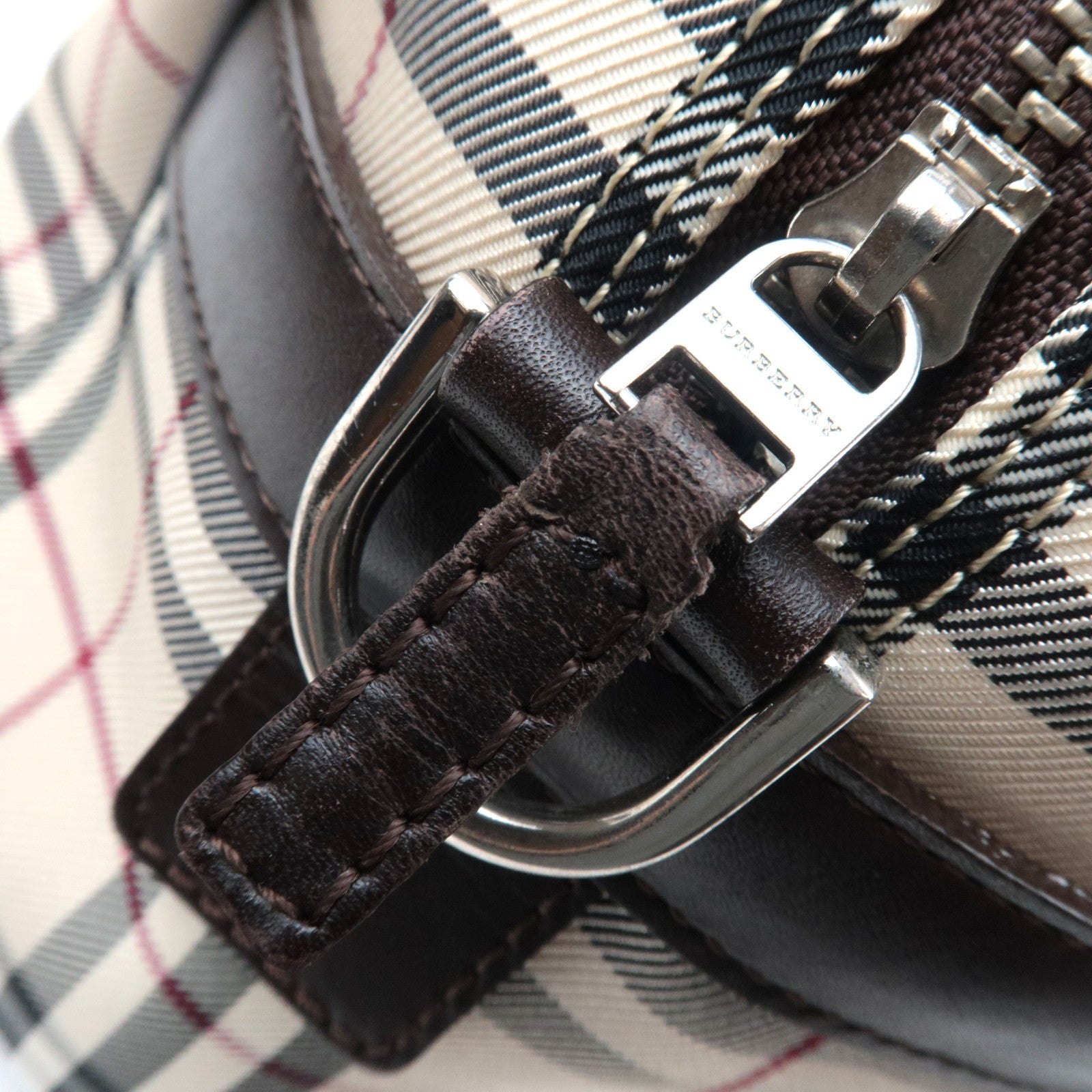 BURBERRY Nova Plaid 2-Way Canvas Leather Boston Bag Beige Brown *Strap