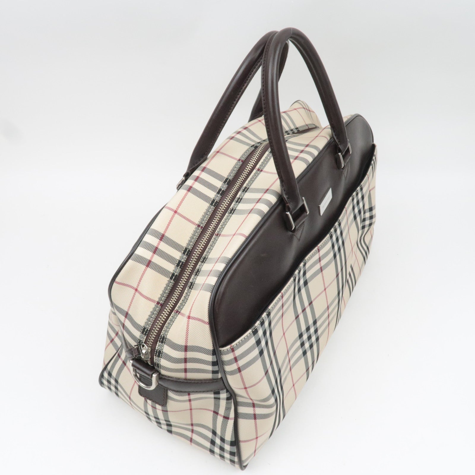 BURBERRY Nova Plaid 2-Way Canvas Leather Boston Bag Beige Brown *Strap