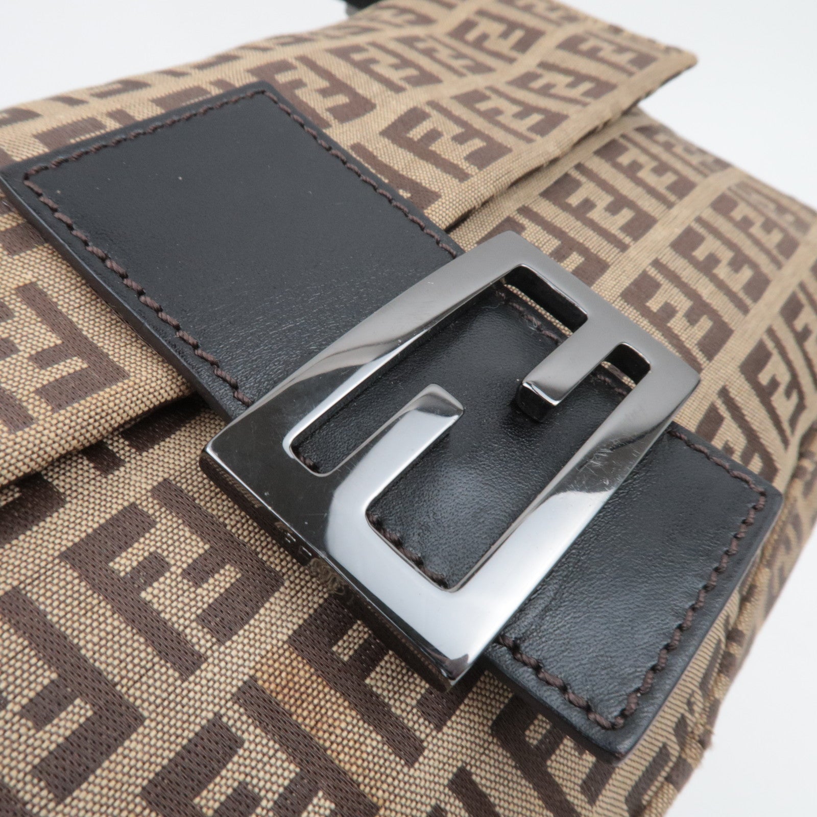 FENDI Zucchino Mamma Baguette Shoulder Bag Canvas Leather Beige Brown 8BR000