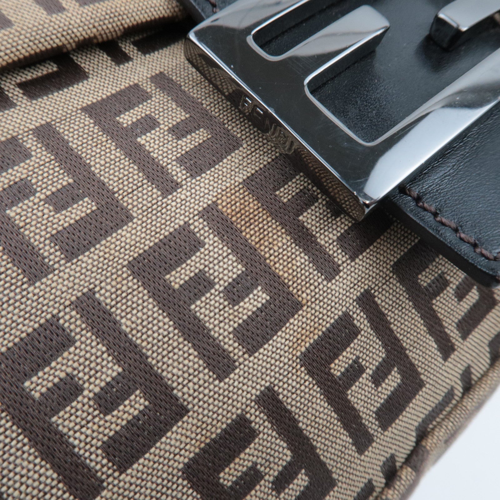 FENDI Zucchino Mamma Baguette Shoulder Bag Canvas Leather Beige Brown 8BR000