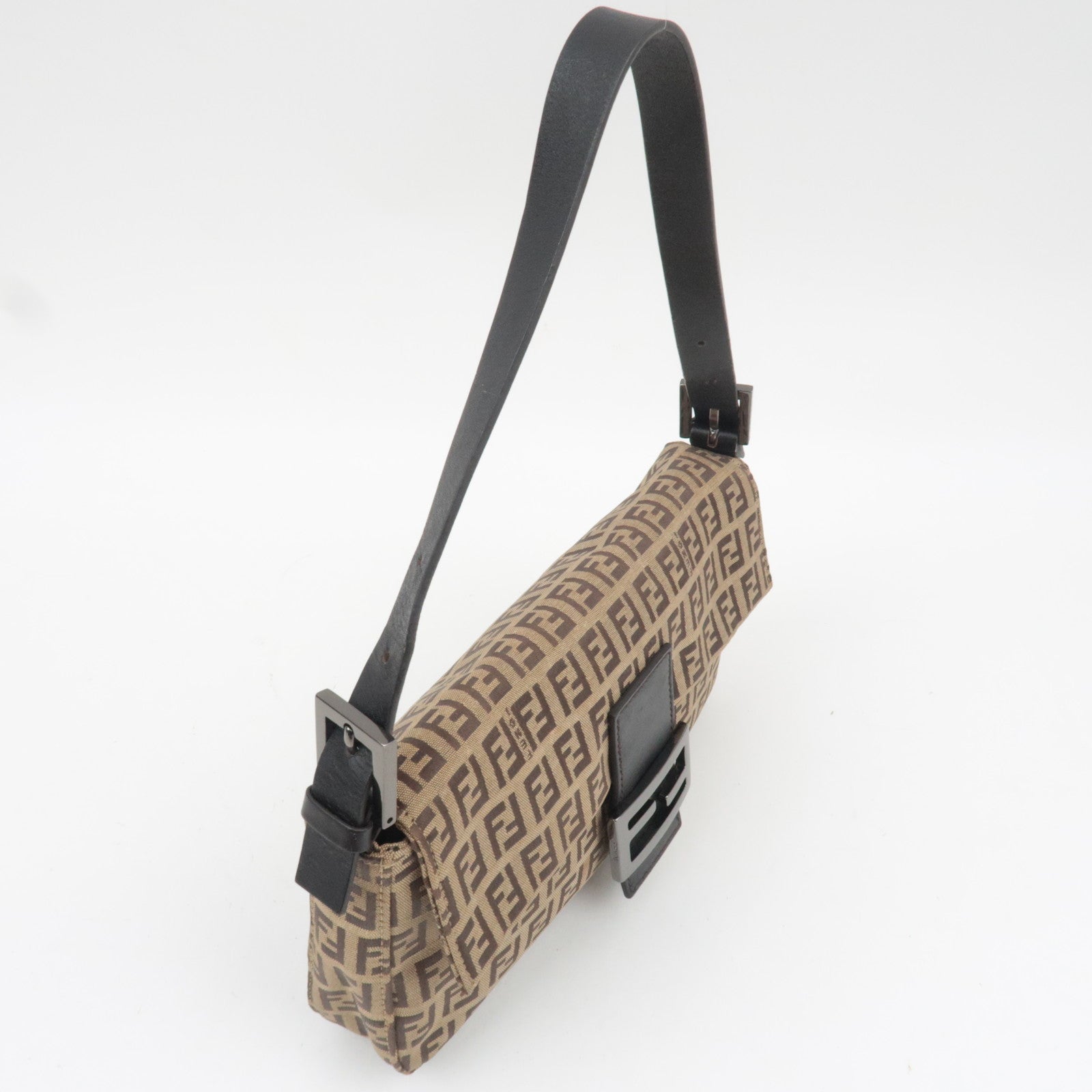 FENDI Zucchino Mamma Baguette Shoulder Bag Canvas Leather Beige Brown 8BR000