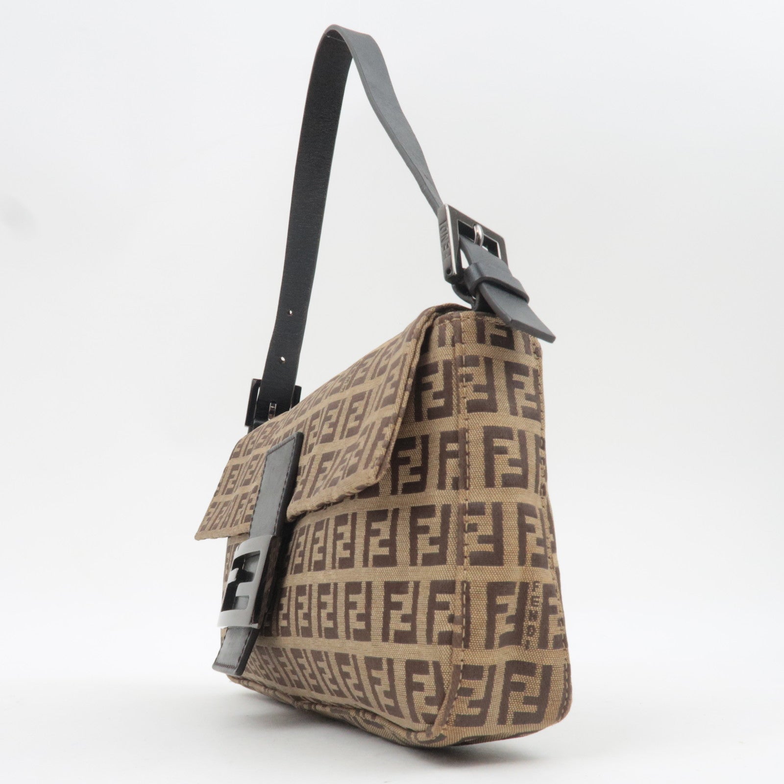 FENDI Zucchino Mamma Baguette Shoulder Bag Canvas Leather Beige Brown 8BR000