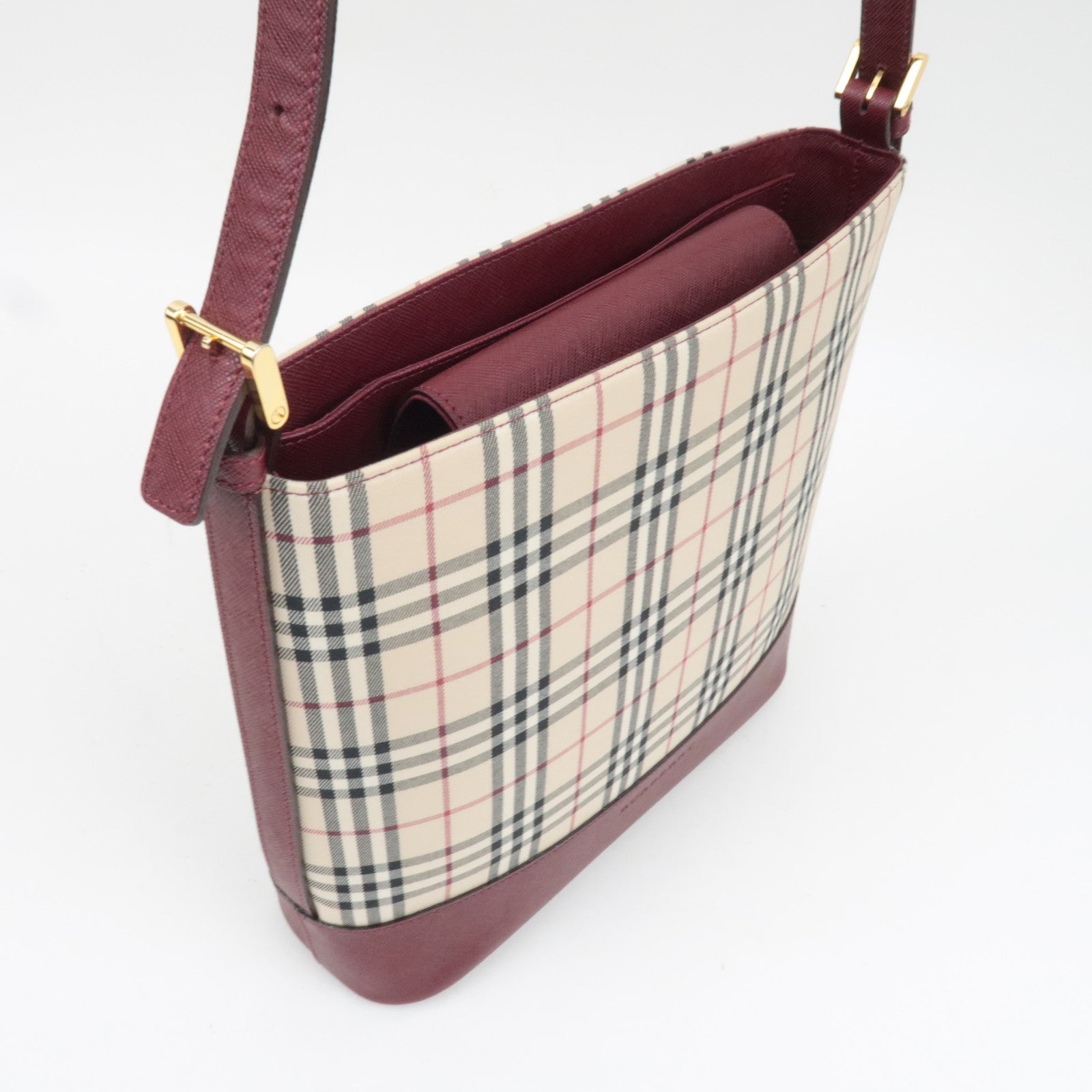 BURBERRY Nova Plaid Shoulder Bag Canvas Leather Beige Bordeaux