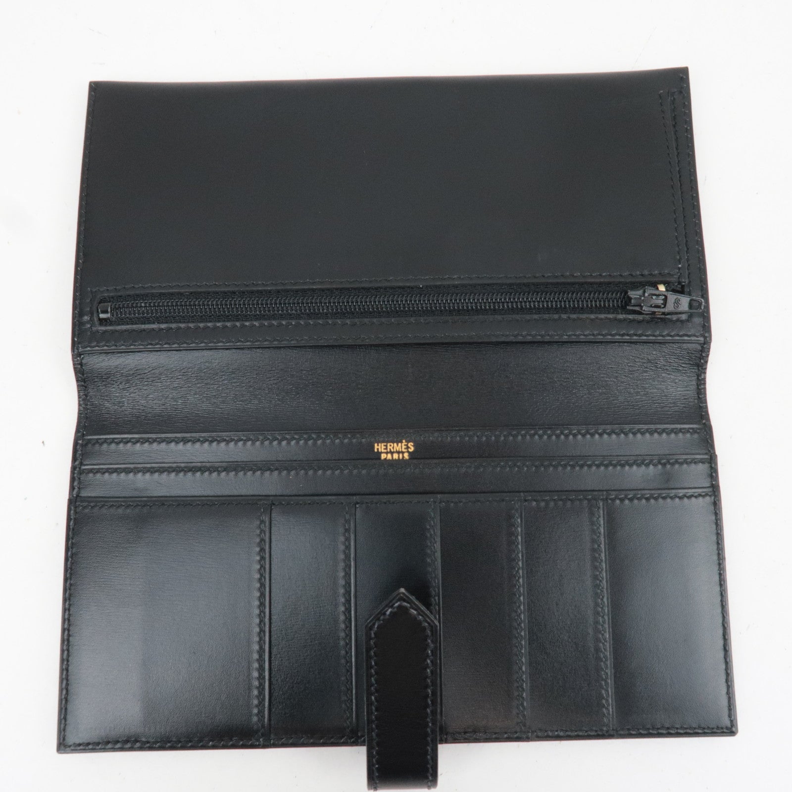 HERMES Bearn Long Wallet 〇V Stamp (1992) Box Calf Black Gold HDW