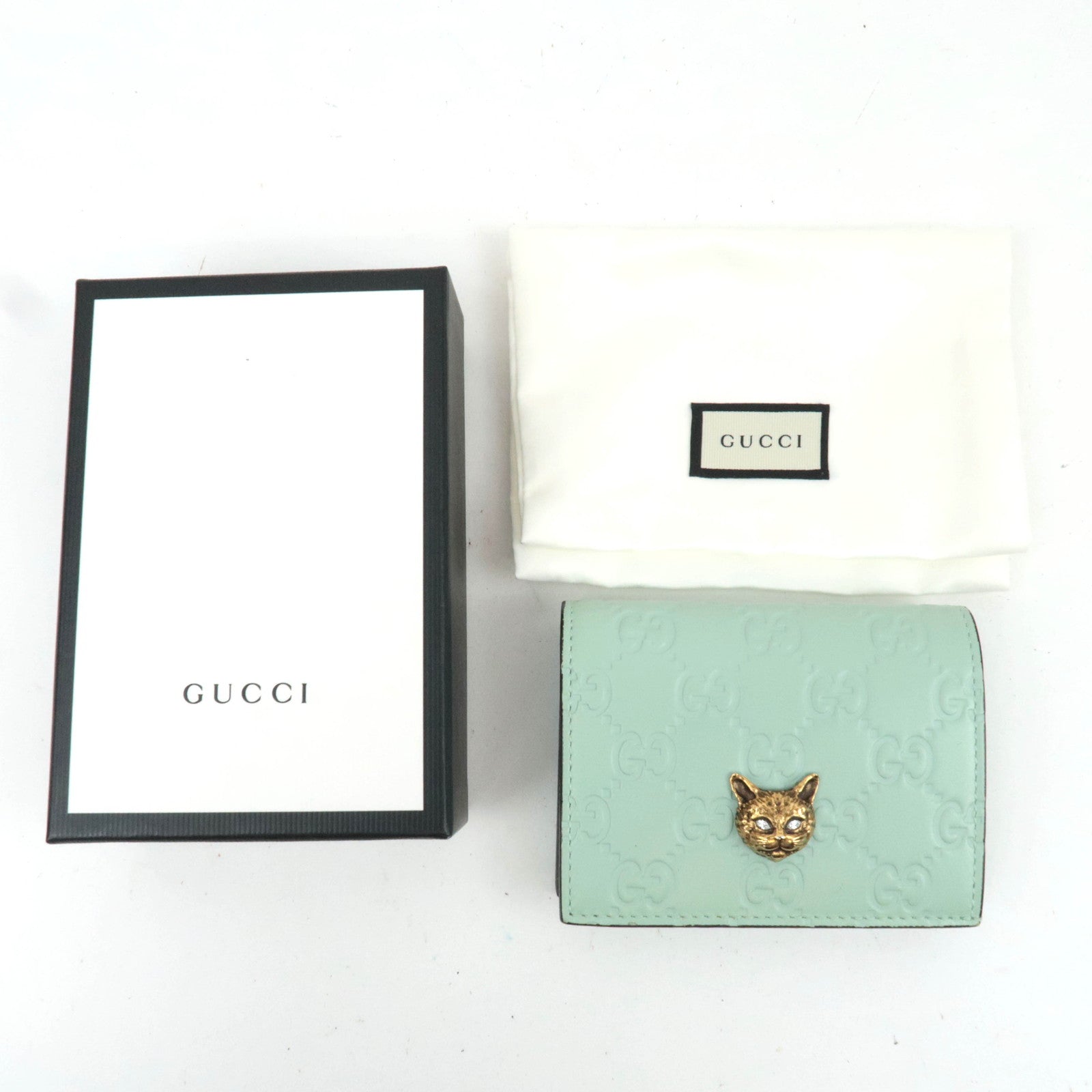 GUCCI Guccissima Linea Cat Bifold Wallet Japan Limited Light Green 548057 *Box, Dust bag