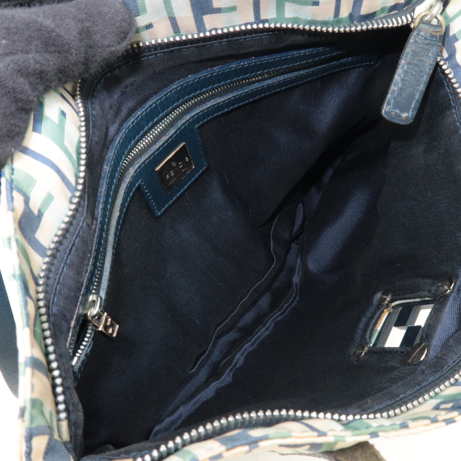 FENDI Zucca Tote Bag Nylon Leather Beige Green Navy