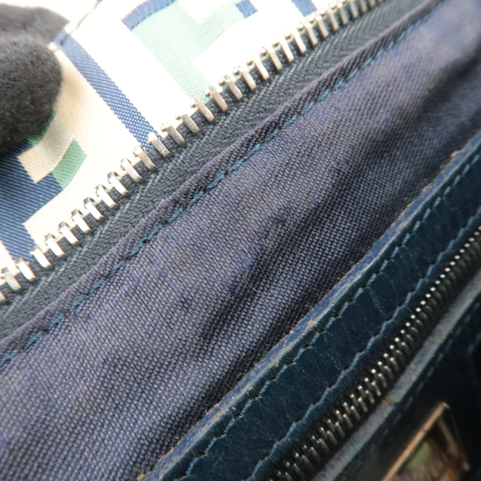 FENDI Zucca Tote Bag Nylon Leather Beige Green Navy