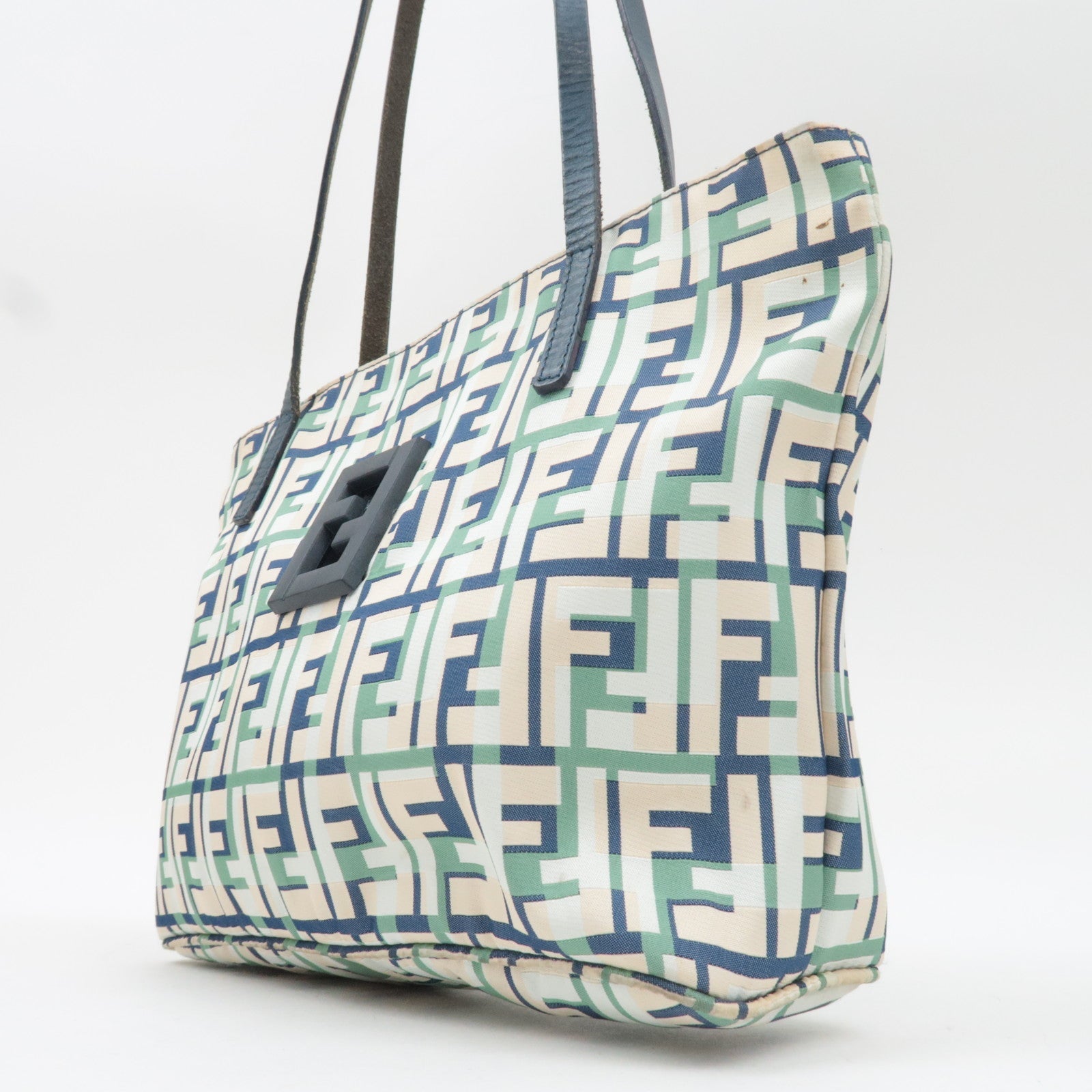 FENDI Zucca Tote Bag Nylon Leather Beige Green Navy