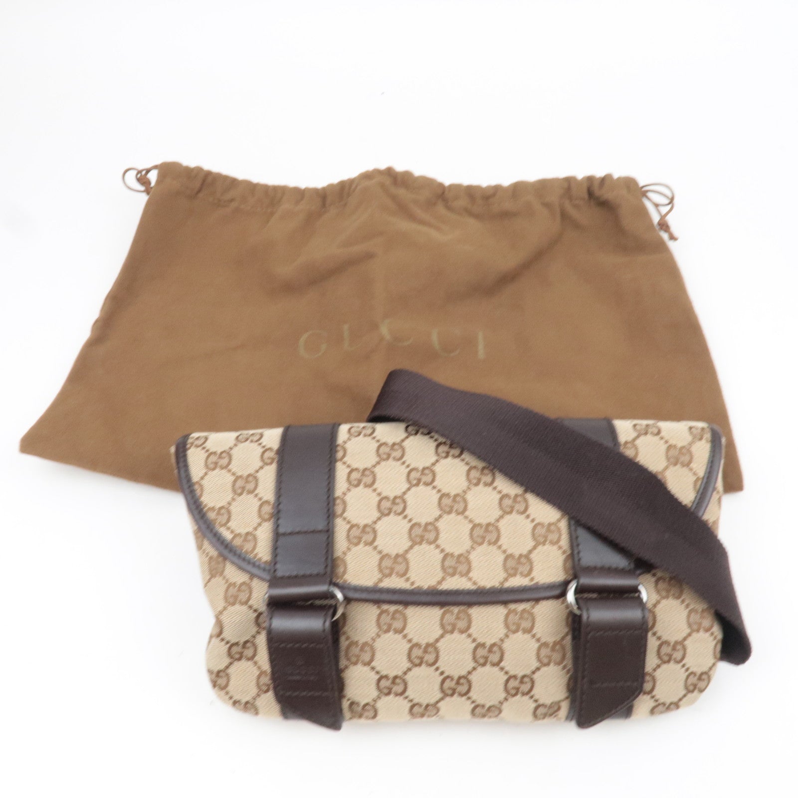 GUCCI GG Canvas Leather Body Bag Waist Pouch Beige Brown 145851 *Dust bag