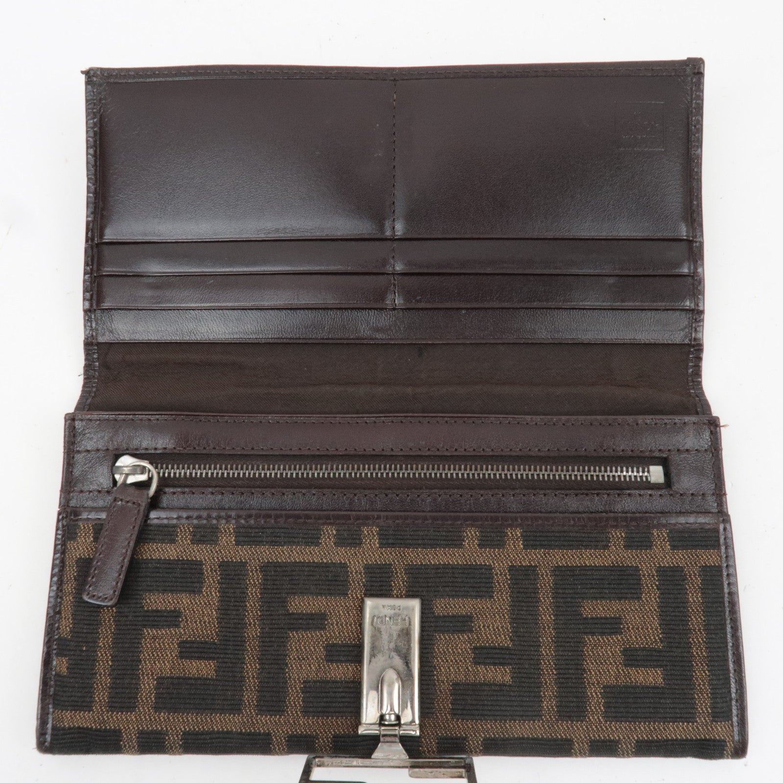 FENDI Zucca Canvas Leather Bifold Long Wallet Brown Black 15828