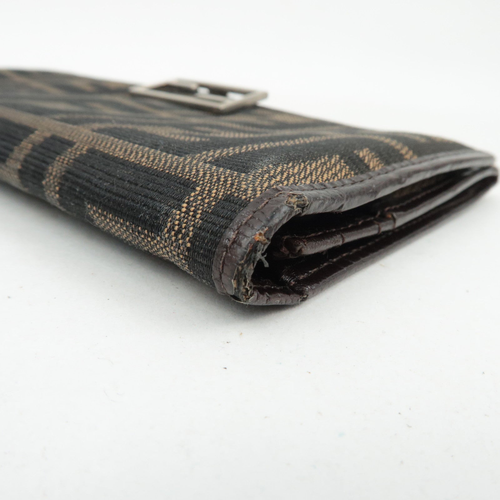 FENDI Zucca Canvas Leather Bifold Long Wallet Brown Black 15828
