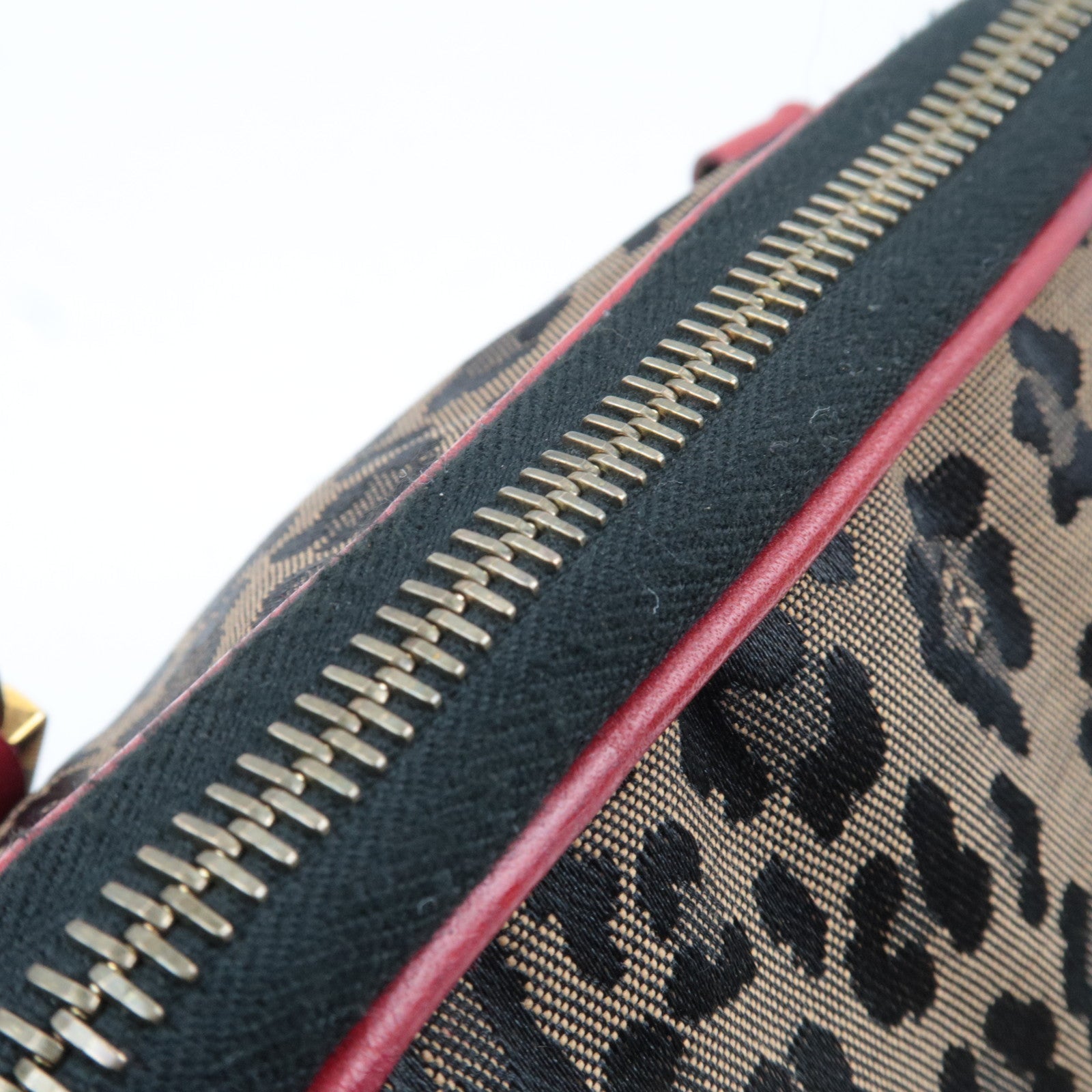 FENDI Leopard Canvas Leather Shoulder Bag Beige Red *Strap